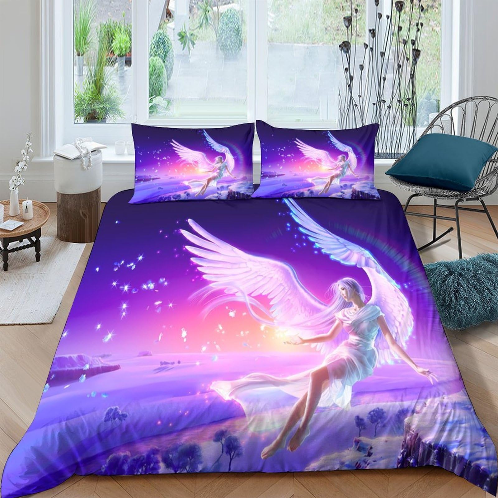 Ctjqhvkz Style-1 3D Printed Angel Fantasy Fitted Sheet Microfiber Purple Sunset Winged Fairy Mattress Cover Bedroom Home Decor Single（135X200cm）