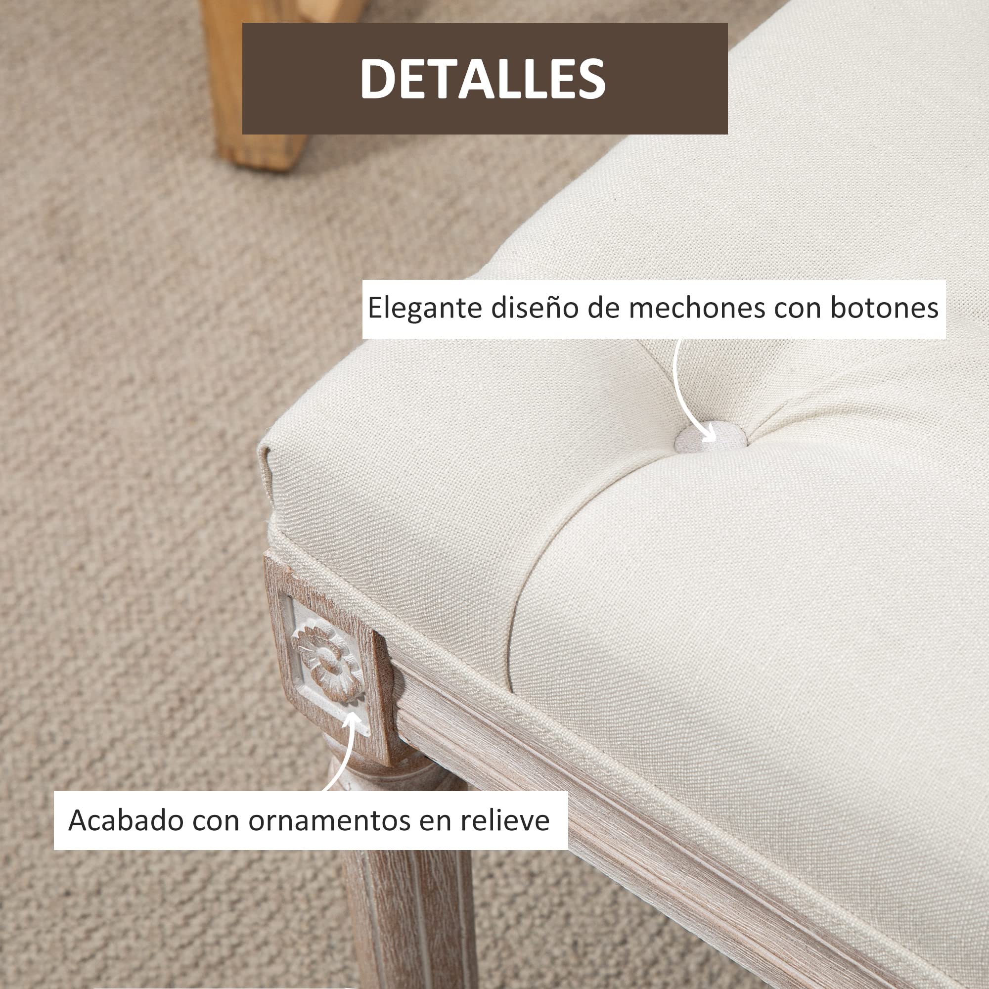 HOMCOM Banco Pie de Cama, Taburete Pie de Cama Tapizado en Lino Sintético con Patas de Madera y Asiento Acolchado, Estilo Vintage, Banco para Dormitorio, Entrada, Pasillo, Beige