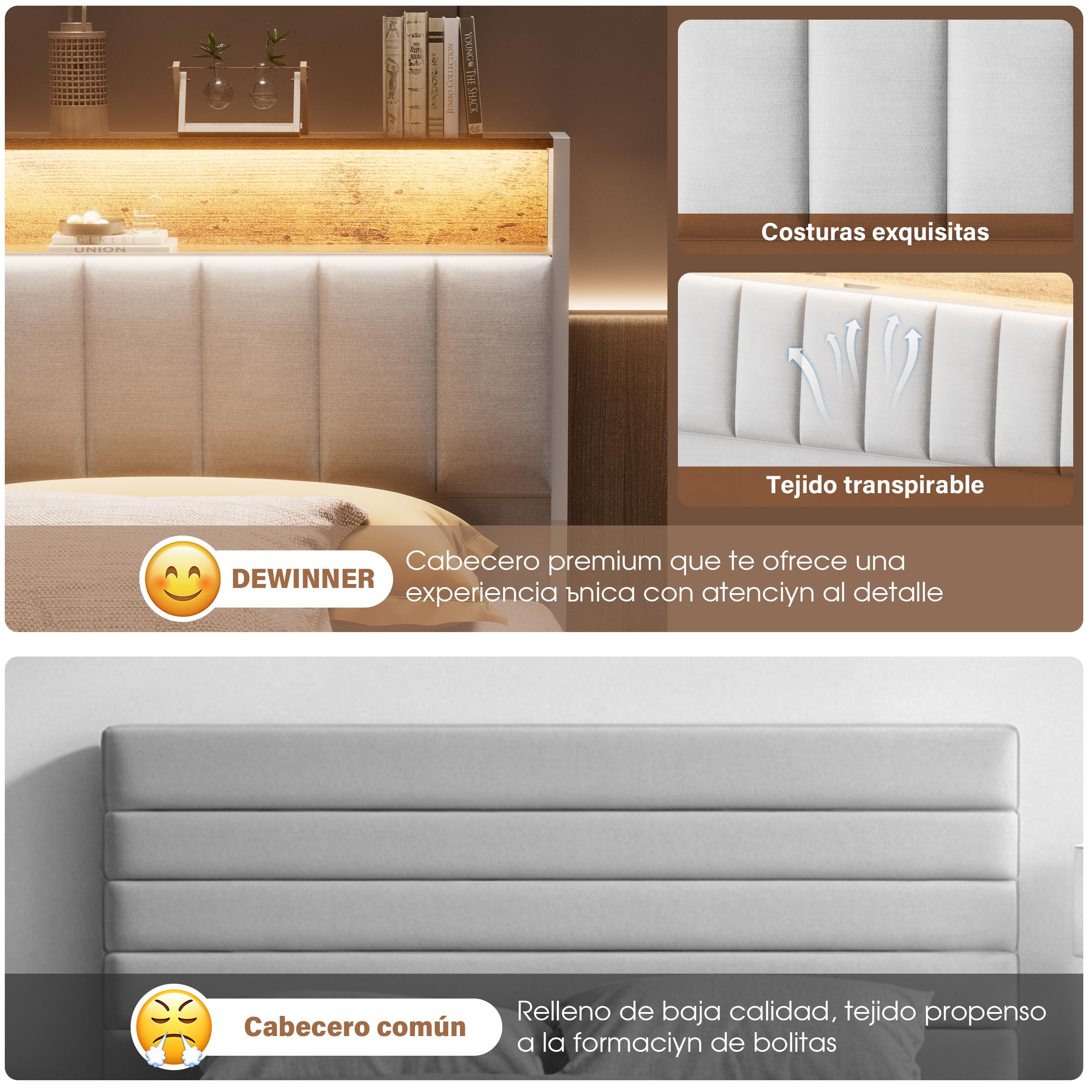 DEWINNER Estructura De Cama 140x190 con Iluminación LED, Cama Doble con Cabecero con Espacio De Almacenamiento, con Múltiples Enchufes (1 Toma De CA, 2 Puertos USB), Estructura Robusta