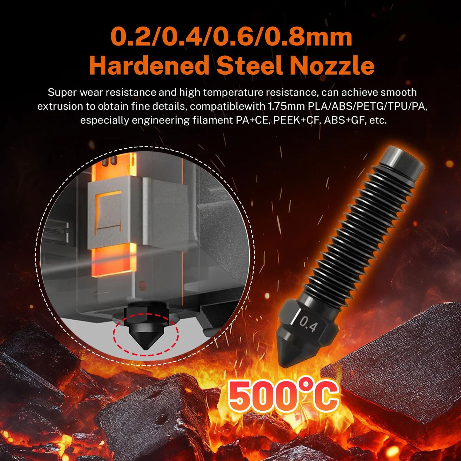 Buse Hotend de remplacement en acier trempé de 0,4 mm, ensemble de 10 pièces, buse d'imprimante 3D usinée CNC de précision pour entrée de filament de carbone de 1,75 mm, 50