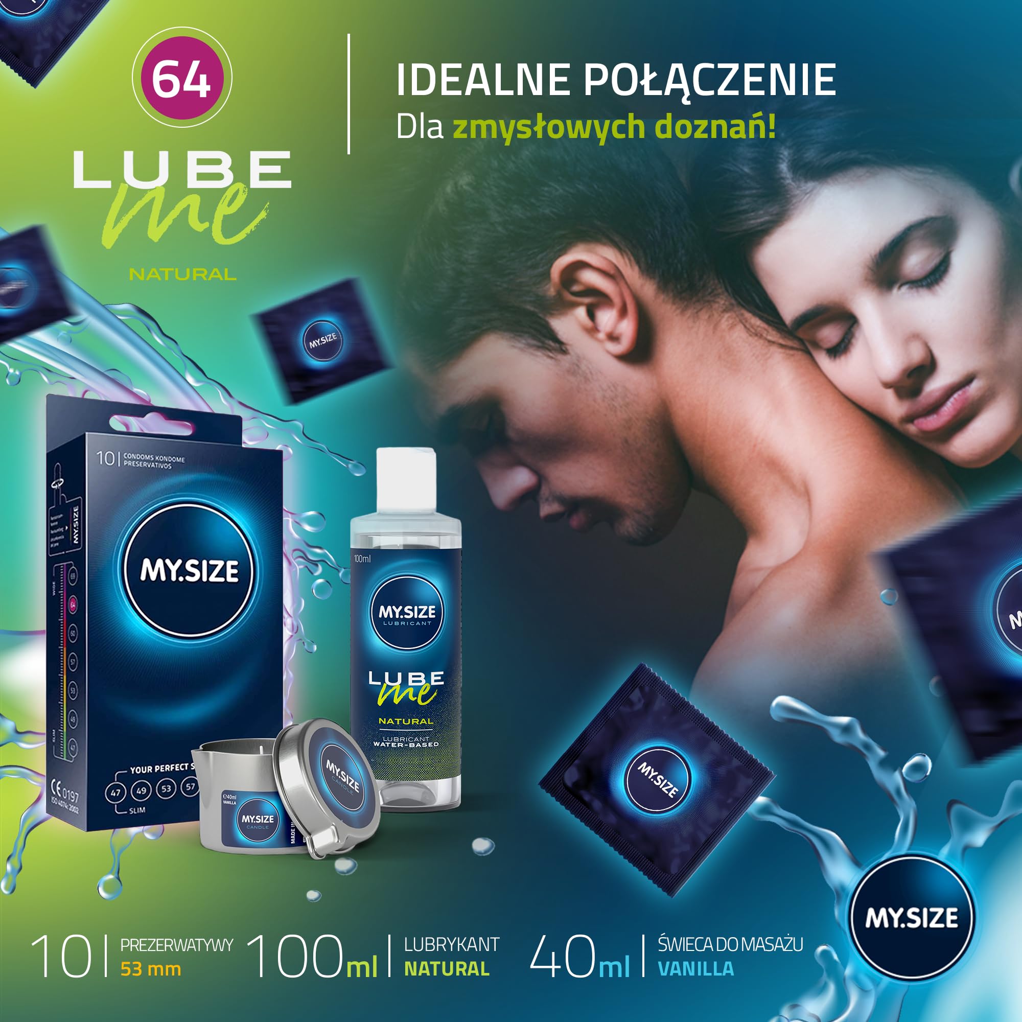 Zestaw promocyjny: prezerwatywy MY.SIZE 64 mm, 10 szt. + naturalny żel nawilżający MY.SIZE 100 ml + świeca do masażu MY.SIZE