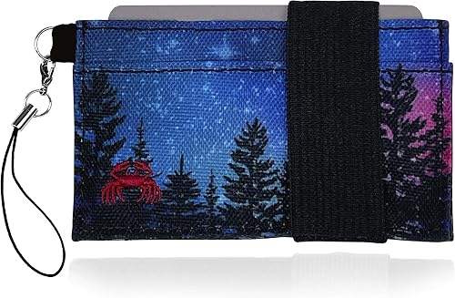 Front Pocket Wallet - Minimalist Wallet - Canvas - Carry Cards, Cash, Phone, Keys - Securely Holds for Easy Access - Lobster Claw Keychain Included- Ultra Thin 4"x2", Forest Stars,