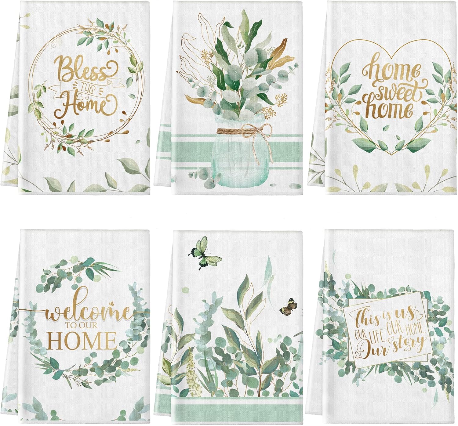 Redbaker 6 Pcs Gold Edged Eucalyptus Leaf Kitchen Towels Funny Dish Towel Kitchen Hand Towels