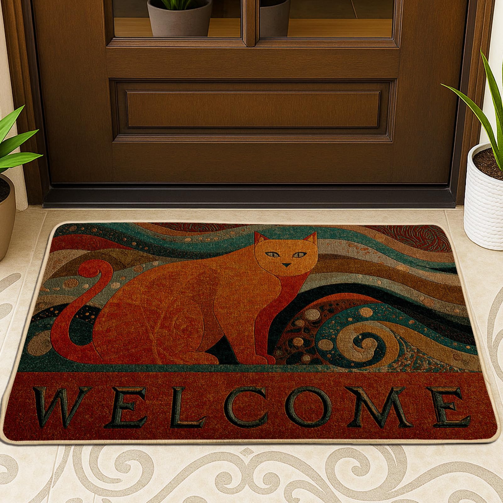 Tapis d'entrée chat orange paillasson extérieur absorbant et facile à nettoyer