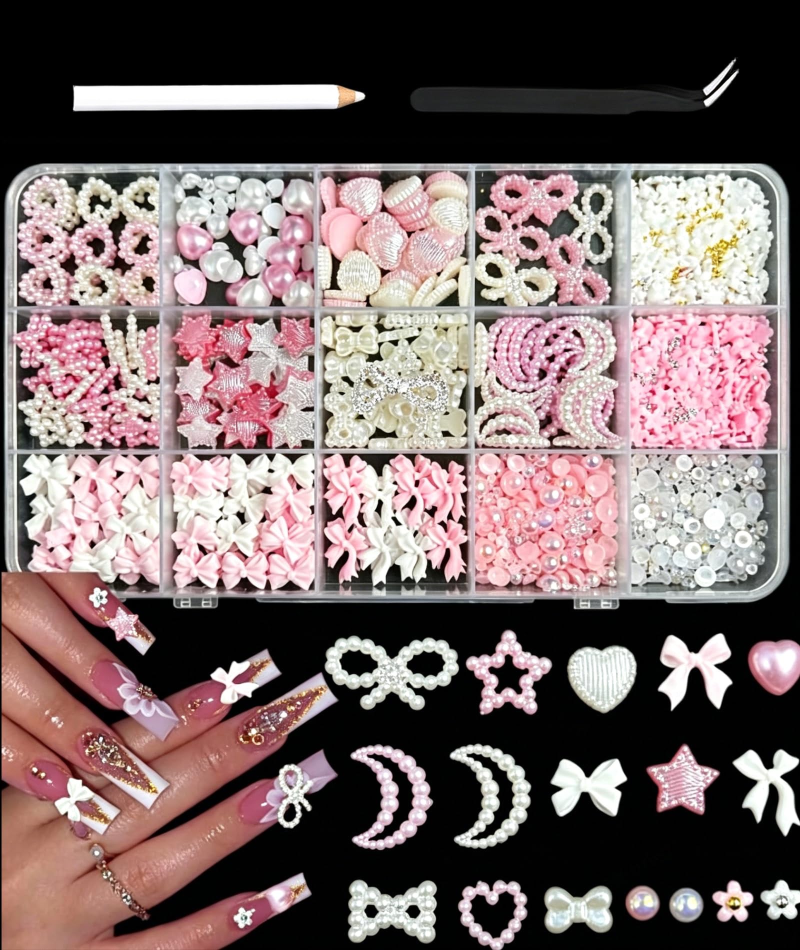 Nail Charms and Bedazzling Kit, 15 Grid Nail Art Accessories with Bow Beads, Star Heart Flower Bow Charms for DIY Nail Decoration and Professional Salon Use, Resin Nail Decorations-image-4
