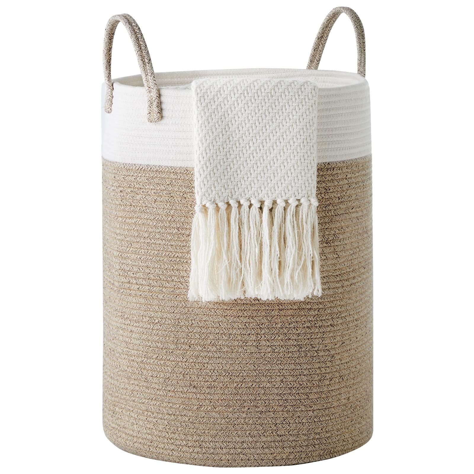 YOUDENOVA Cotton Rope Basket Large Blanket Basket Woven Storage Basket Toy Storage Organiser Nursery Decor Laundry Hamper with Handle 58L (38cm(D) x50cm(H), White & Brown)