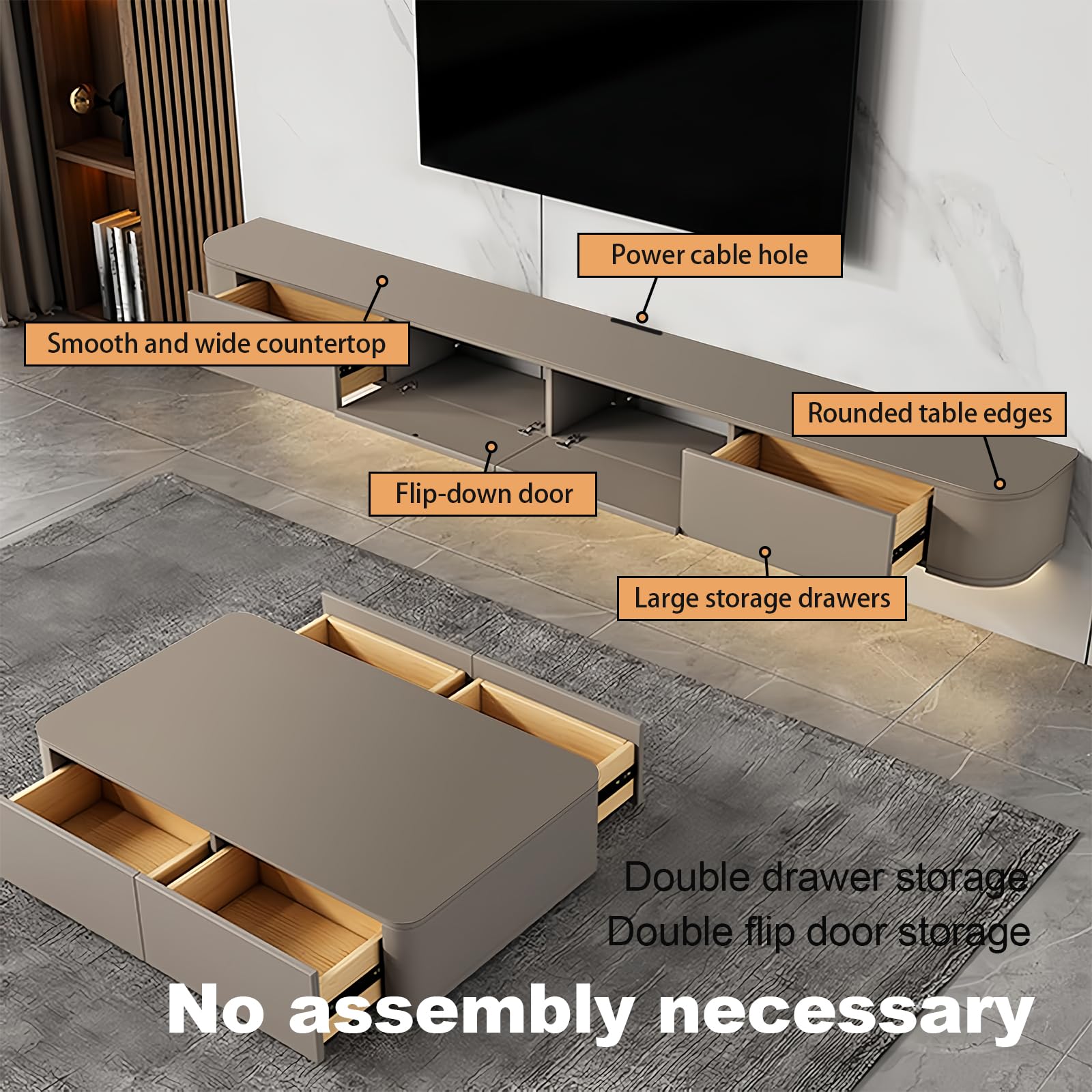 Schwebender TV-Ständer, Wandmontierter TV-Schrank mit Schubladen, 140 cm Lange TV-Medienkonsole, Große TV-Bank mit Stauraum unter dem Fernseher (Khaki, 140cm/55.1")