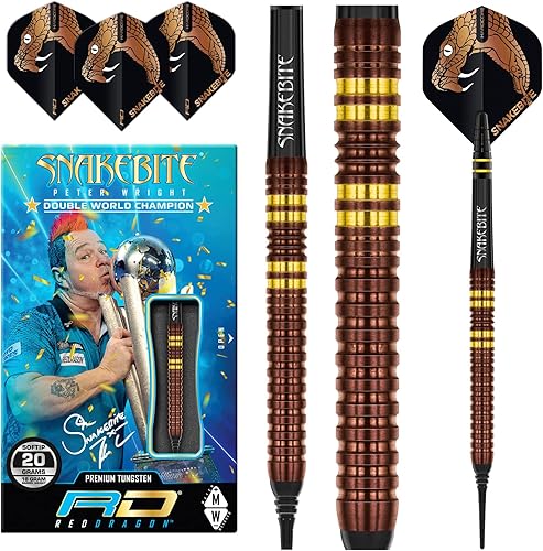 RED DRAGON Peter Snakebite Wright Copper Fusion - Juego de dardos de tungsteno prémium con vuelos y tallos