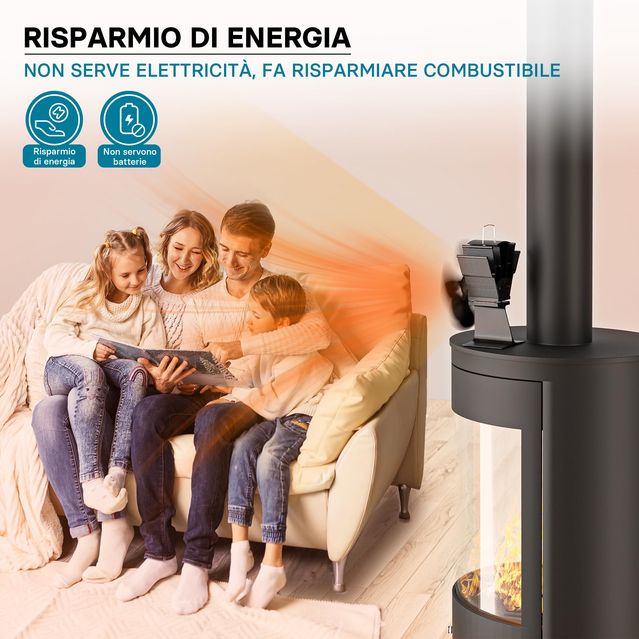Wiltec Ventilatore per stufa a legna camino, Ventola con 4 pale, 70-350 °C, funzionamento senza elettricità