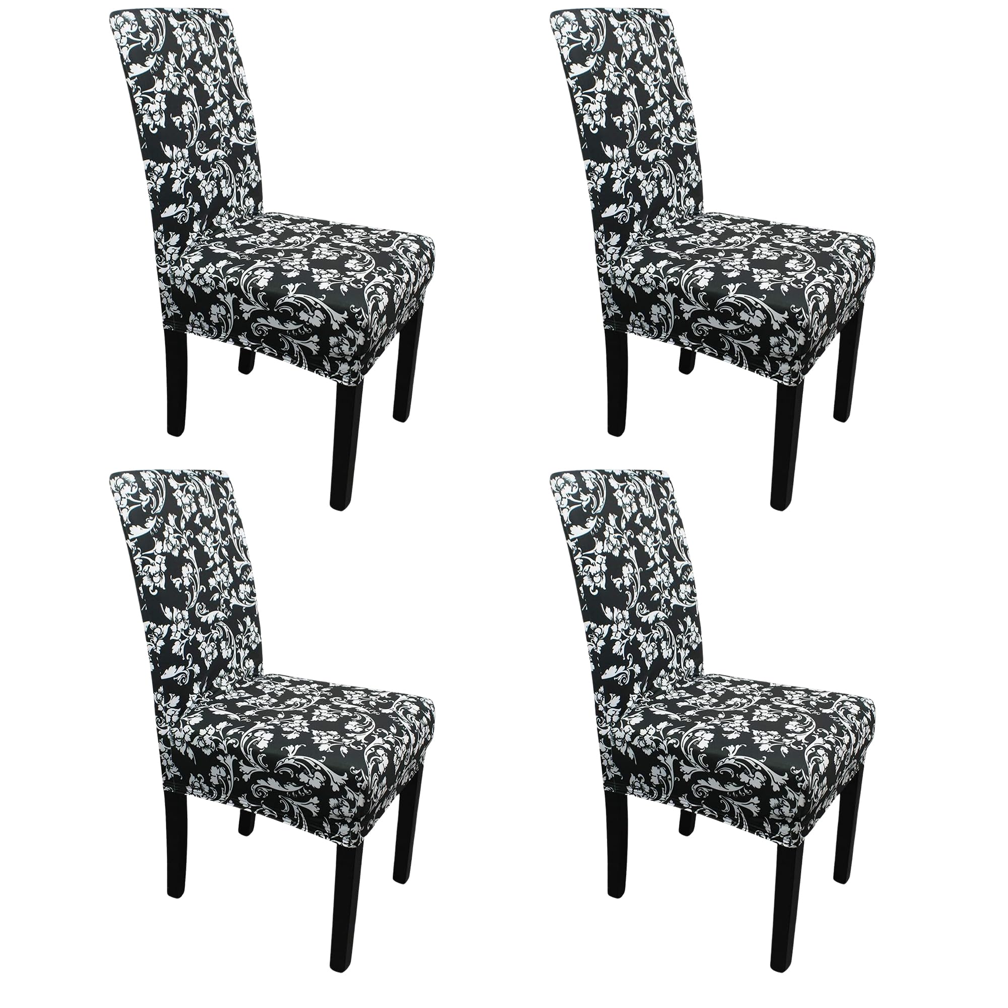 Printed High-Back Chair Covers for Dining Room Chairs – Spandex Stretch, Universal Armless Chair Protective Slipcover for Kitchen, Wedding, Party, Banquet & Hotel, Floral Design - Black, Pack of 4