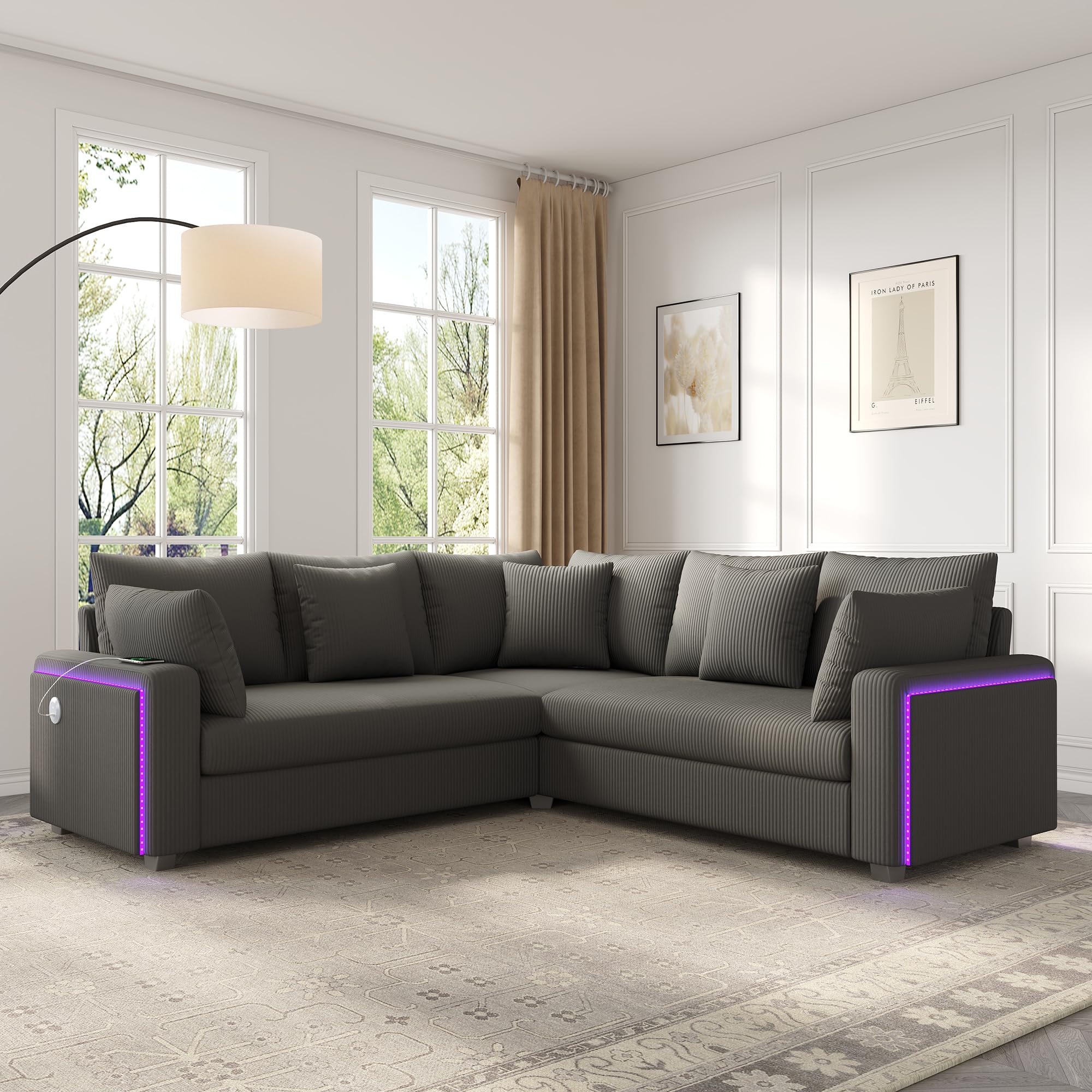 Divano angolare a forma di L con illuminazione a LED, porta di ricarica USB e morbido tessuto in velluto a coste, con cuscini coordinati, divano moderno per il soggiorno (grigio scuro)