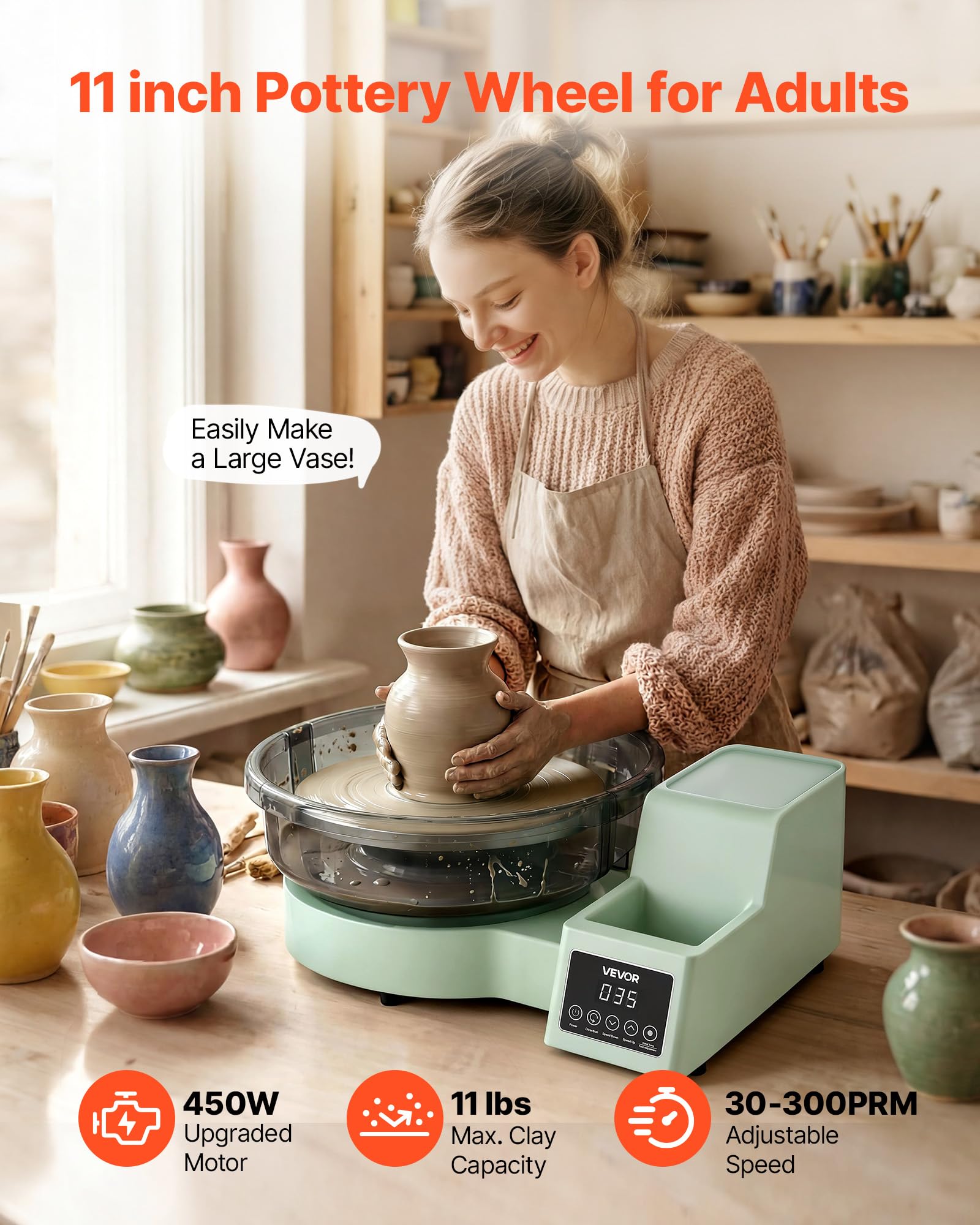 VEVOR Koło garncarskie dla dorosłych, aluminiowy gramofon 28 cm, 450 W, elektryczne koło garncarskie z pedałem nożnym, regulowana prędkość 30-300 obr./min, odłączana umywalka, dla początkujących
