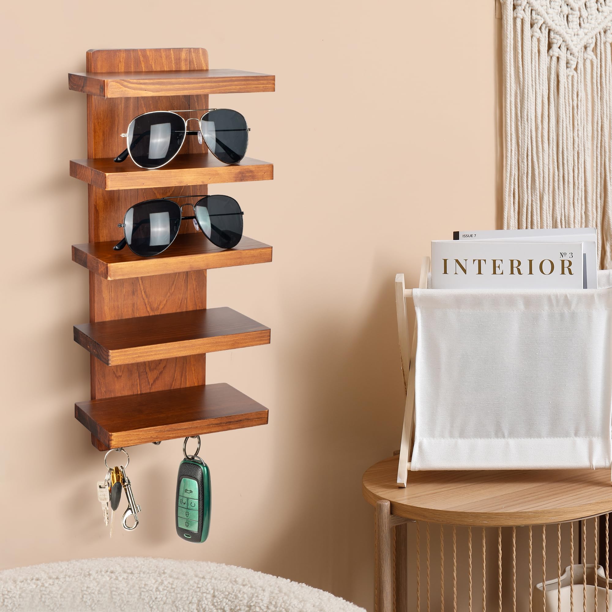 Sonnenbrillen-Organizer zur Wandmontage, 5-stöckiges Holzregal für Brillen und Sonnenbrillen, Brillenaufbewahrung, Display Regal mit Schlüsselhaken für Eingangsbereich, Wohnzimmer oder