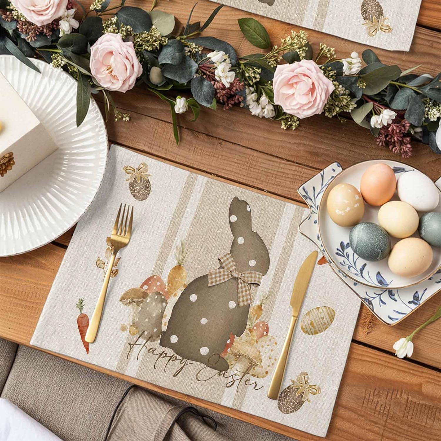 Happy Easter Placemats Set of 4, Bunny Eggs Placemat for Dining Tableations, Washable Cotton Linen Carrot Beige Place Mats, Spring Table Mats for Kitchen Dinner Seasonal Holiday Party Decor