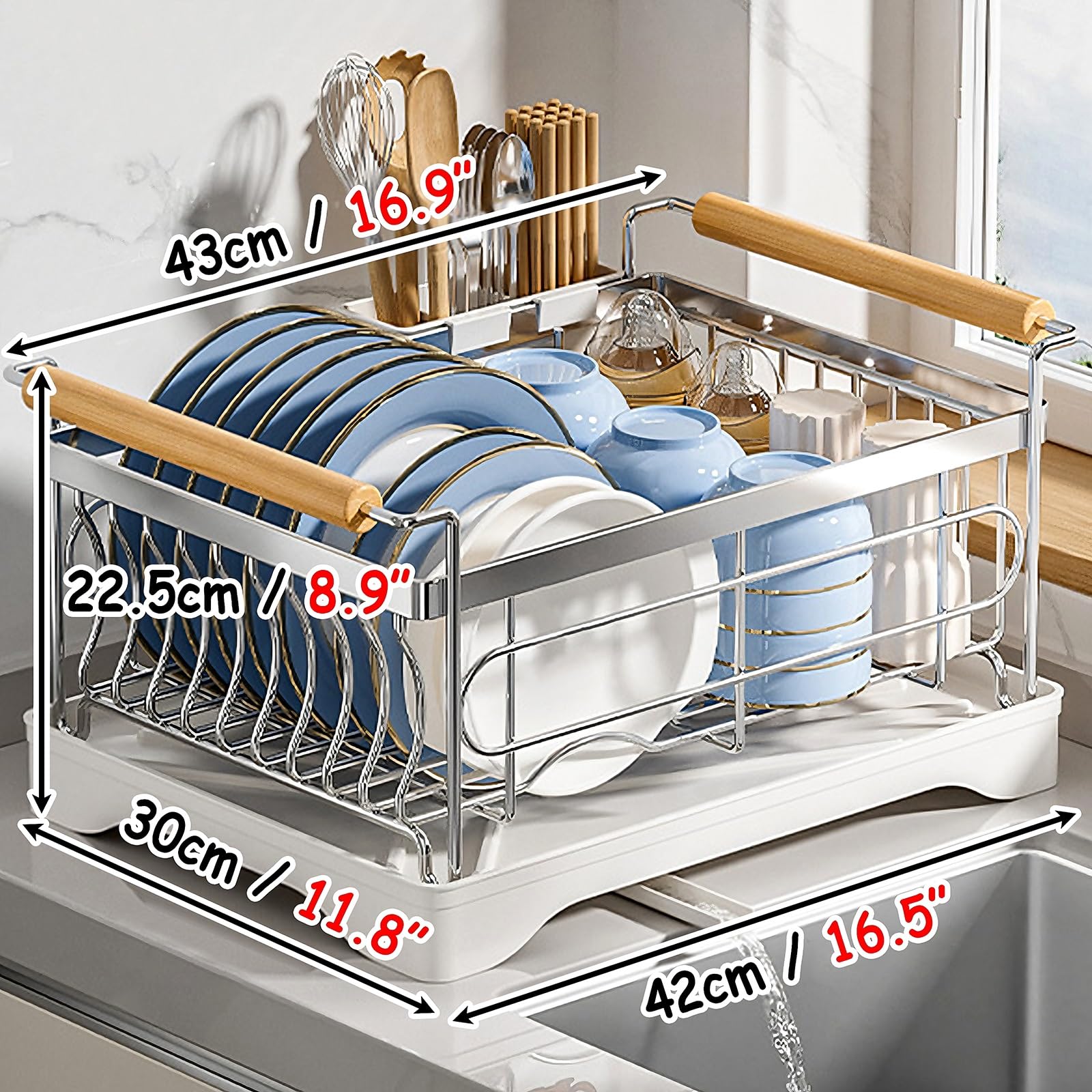 Abtropfgestell für die Spüle, Edelstahl, kompakter Kaktus-Küchenspüle-Organizer mit Ablaufloch und Abtropfschale, platzsparender Caddy für Arbeitsplatten (schwarz, 42 x 30 x 22,5 cm)