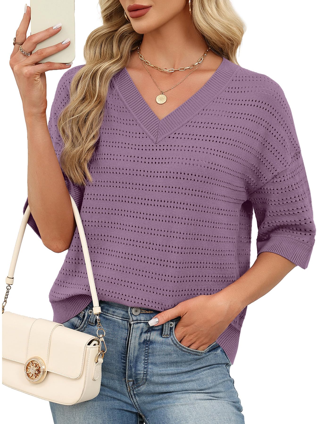 WIHOLL 3 4 Length Sleeve Womens Sweaters V Neck Cute Crochet Blouses Trendy Spring Summer Fashion Outfits