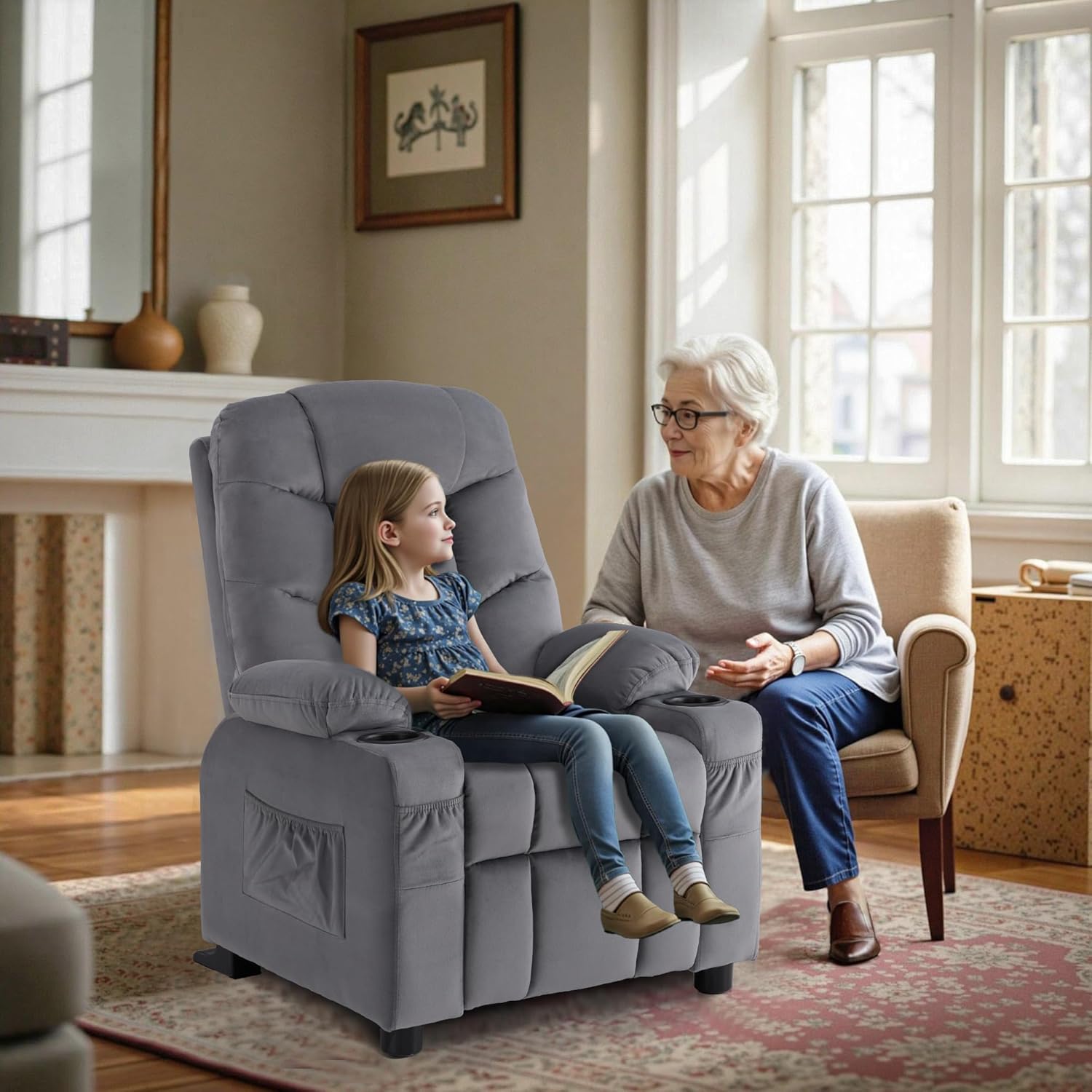 MCombo Big Kids Recliner for Ages 3+, Child Reclining Chair, Toddlers Recliner Sofa with Cup Holders (Velvet, Dark Grey)