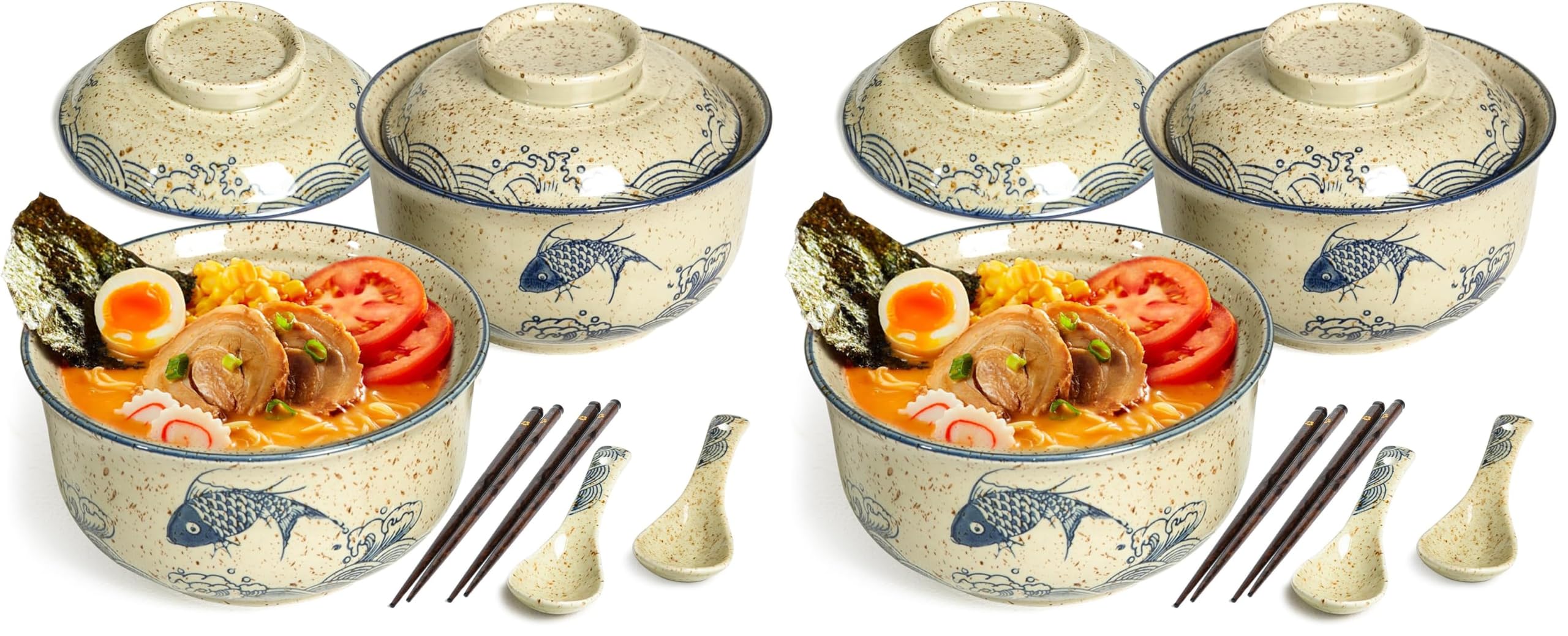 Ramen Schüssel Set aus Löffel und Essstäbchen, 2 x 800ml Japanische Ramen Bowl mit Deckel Keramik Suppenschalen Porzellan Geschirr - Fisch (Packung mit 2)