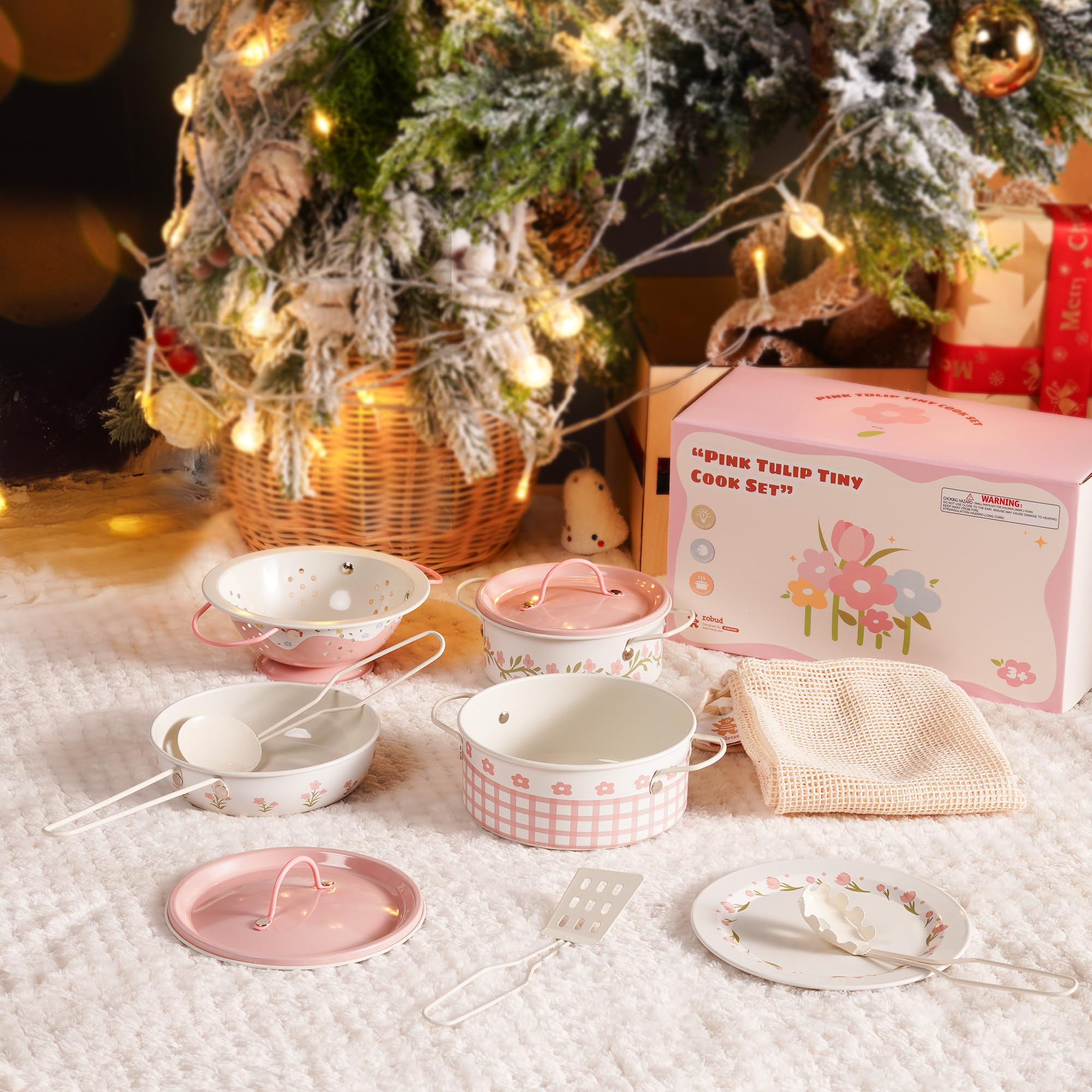 ROBUD Kinderküche Zubehör Topfset Spielset, 8-teiliges Kinder Töpfe und Pfannen-Sets aus Metall, Spielküche Kochgeschirr für Rollenspiele, Geschenk Spielzeug für Kinder ab 3 Jahren, Rosa
