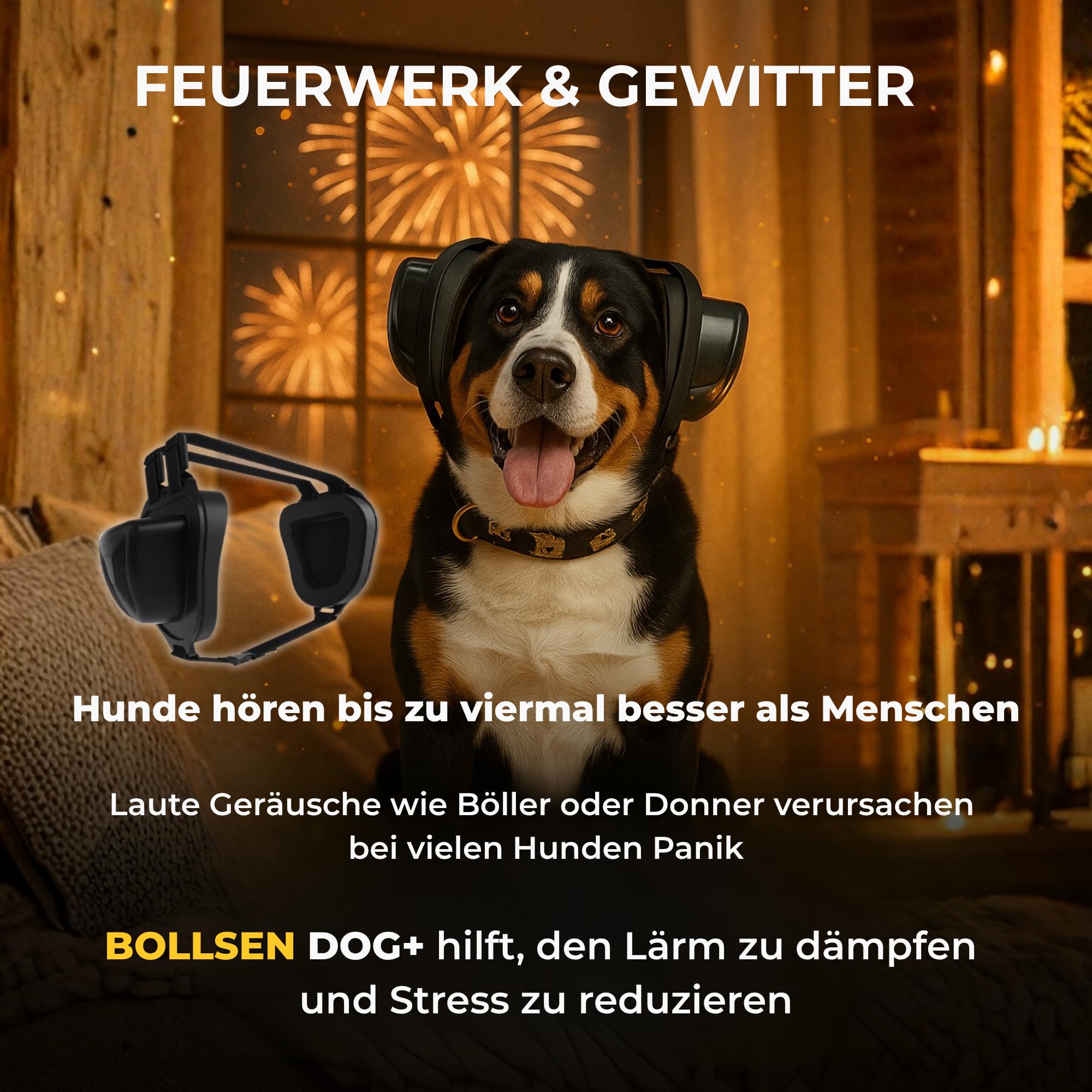 BOLLSEN Dog+ Gehörschutz für Hunde | Verstellbarer Ohrenschutz & Lärmschutz für alle Hunderassen, reduziert Geräusche um ca. 27 dB – ideal bei Silvester, Gewitter & Arbeit (M)