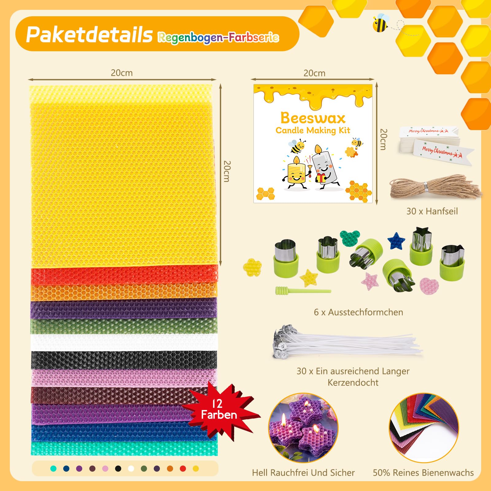 Bienenwachsplatten für Kerzen 12 Stück, 20x20 cm Wachsplatten Regenbogen zum Verzieren von Kerzen für Selbstgestalten, Kerzenwachs Platten für Ostern & Kommunion mit Formen, Kinderscheren & Anleitung