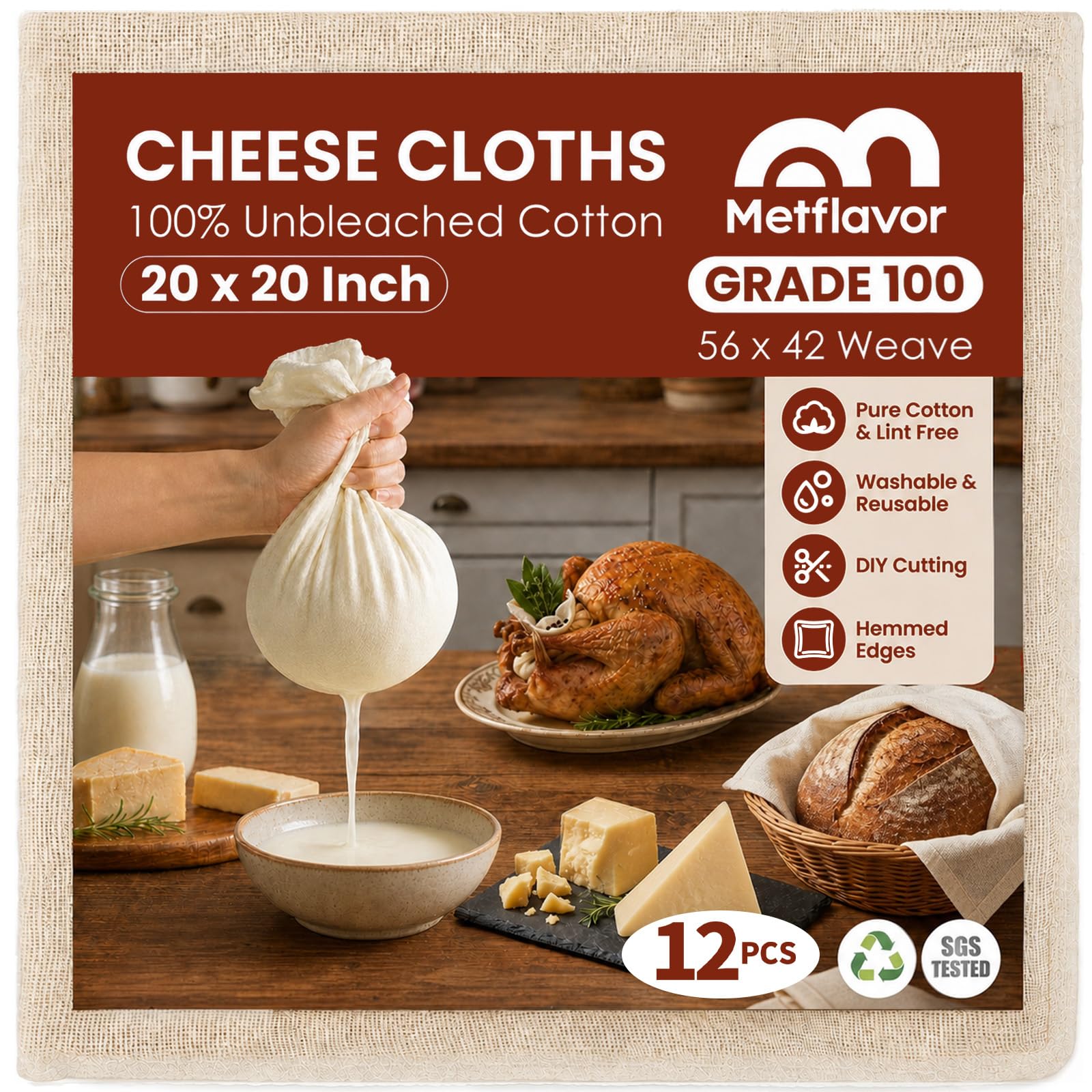 Lot de 12 chiffons à fromage réutilisables, 50,8 x 50,8 cm, tissu à fromage de qualité 100 % ourlé, 4 bords, étamine à fromage 100 % coton non blanchi pour égoutter, passoire en mousseline pour