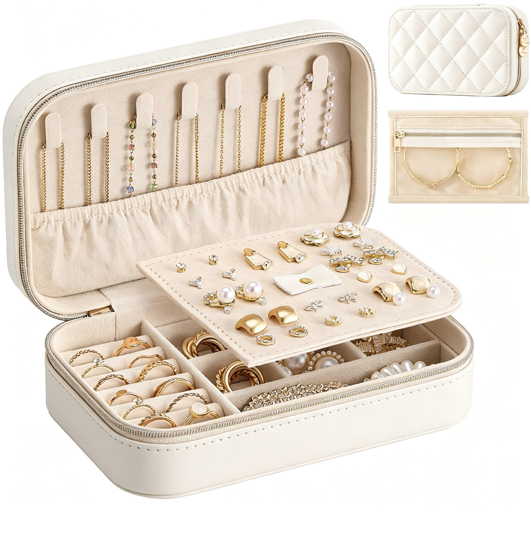 Lolalet Travel Jewelry Case for Women Girls, Travel Jewelry Organizer with Clear Storage Bag Small Portable Jewelry Box for Necklace Bracelet Earring Ring Valentines Bridesmaid Gifts -Medium/Beige