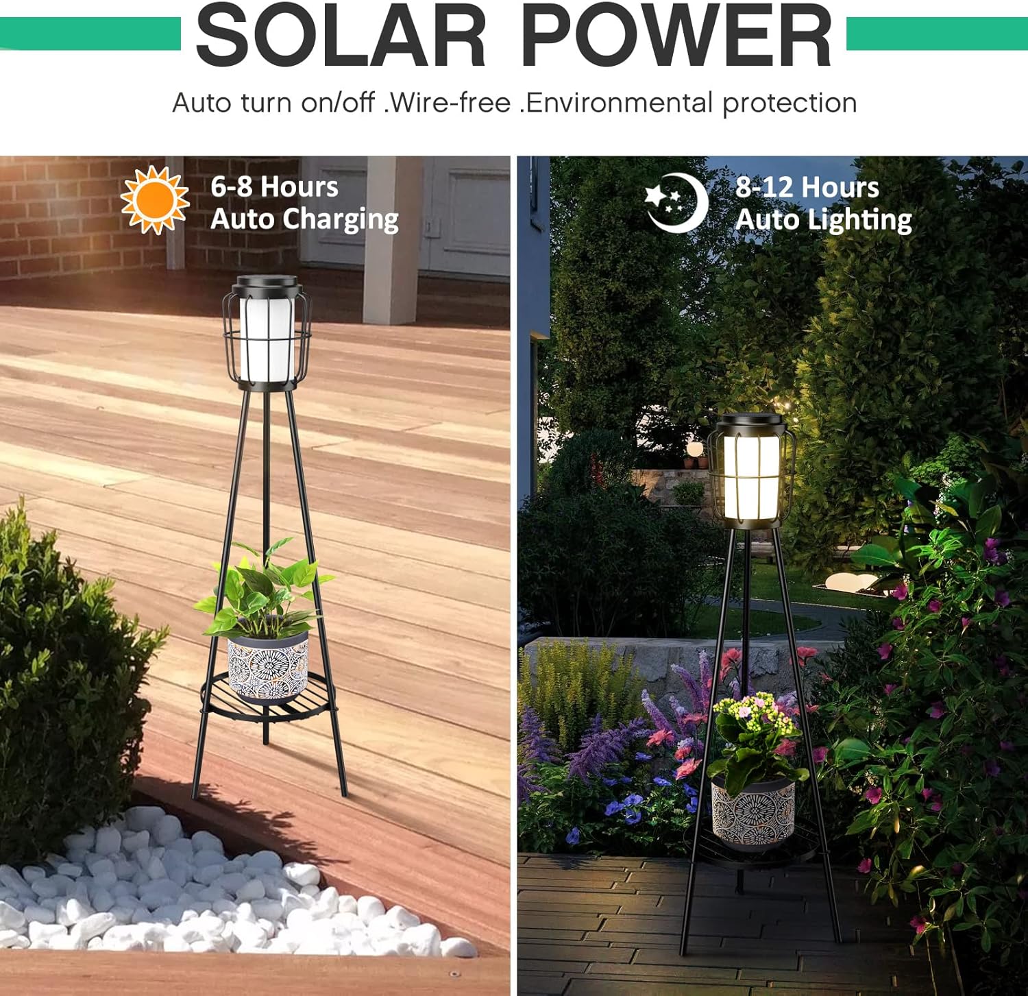 2 Pack Solar Lights Outdoor with Plant Stands, Solar Floor Lamp, Solar Powered Street Lights Metal Tripod Deck Lights, Patio Decor for Garden Yard Pathway Driveway Porch