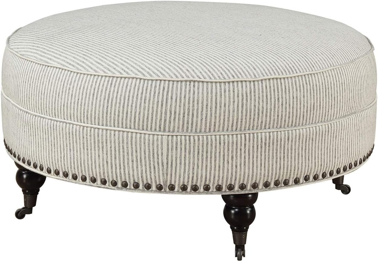 Emerald Home Willow Creek Pebble Gray Stripe Round Ottoman with Turned Feet, Nailhead Trim, and Seam Welting Grey/Standard//Round/Country/Round