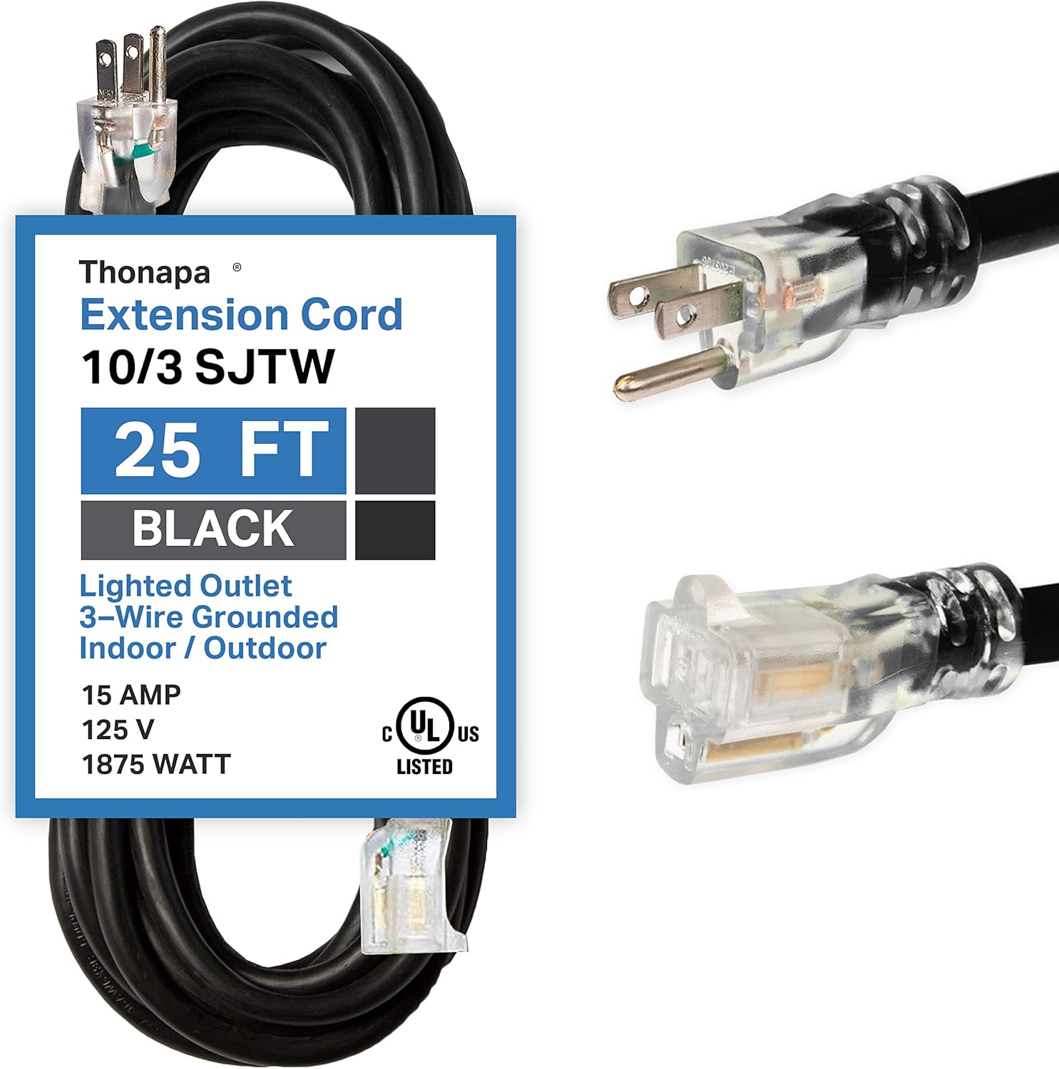 Thonapa 10 Gauge Extension Cord 25 Ft, Weatherproof Heavy