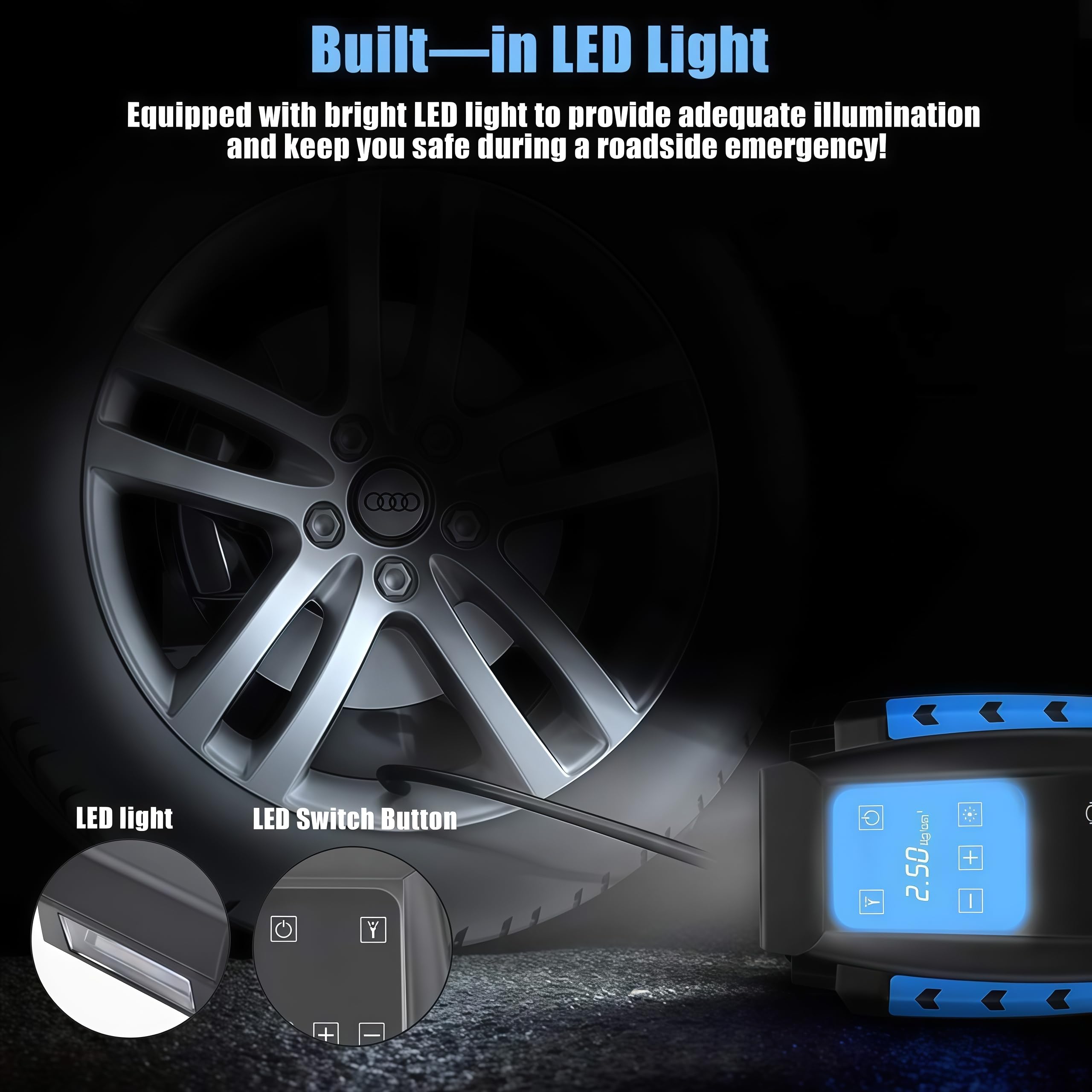 Compresseur à Air Portatif 12V 150W, Gonfleur Pneus Voiture-Bleu | Digital Portable Auto Gonfleur Electrique, Compresseur Air Numérique avec Lampe LED, 3M Câble pour Voiture Vélo