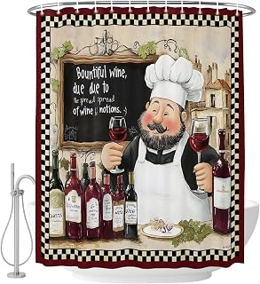 Fat Chef Vintage Shower Curtain, Stall Bathroom Curtains for Bathtub, Rustic Gourmet Wine White Black Plaid Waterproof Fabric Shower Curtain Set with 12 Hooks, 72" x 78"