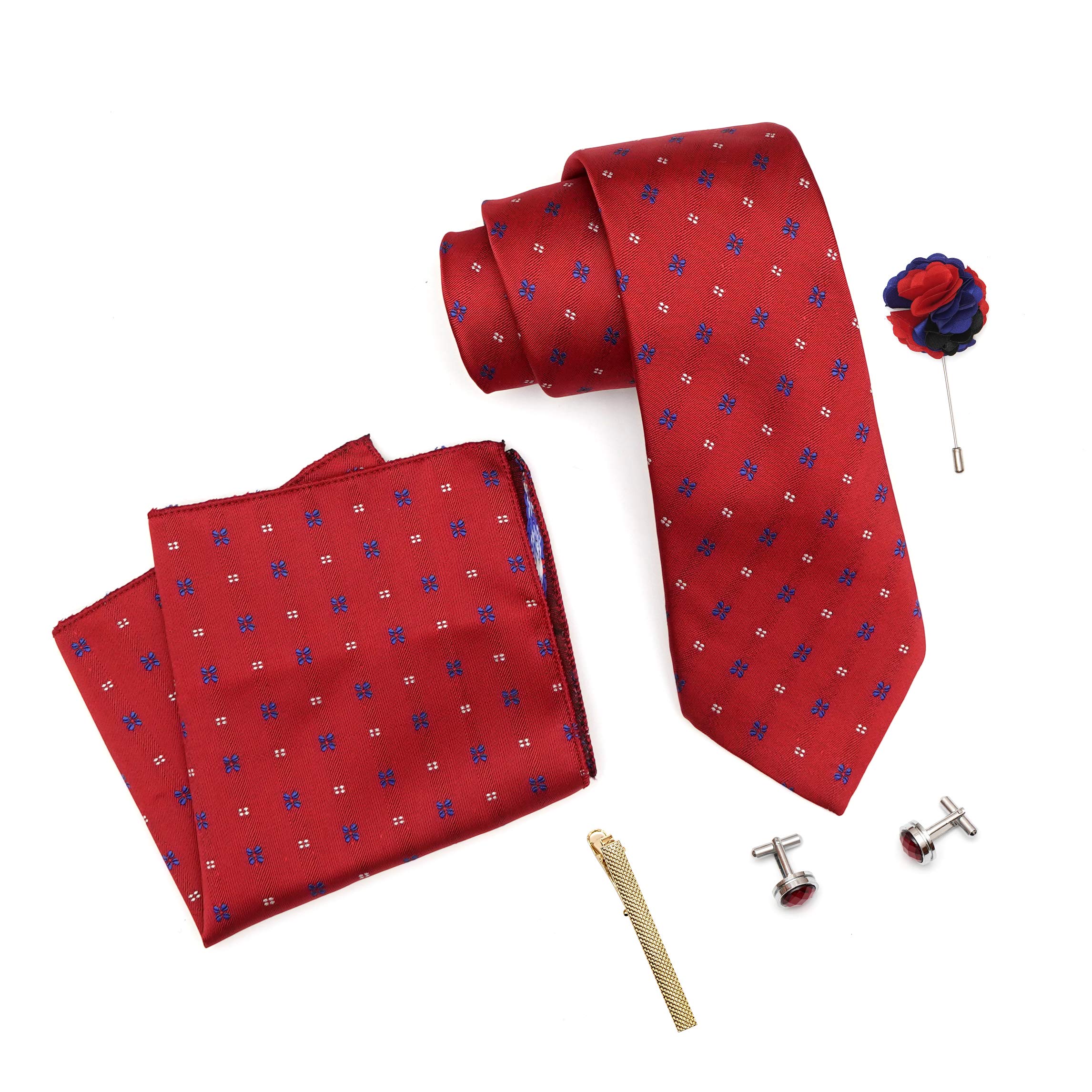Mens Plaid Micro Self Silk Red Necktie Gift Set With Pocket Square Cufflinks Brooch Pin Men Tie Clip Formal Tie With Wooden Box For Gifting (RW_11, Free Size)-image-44