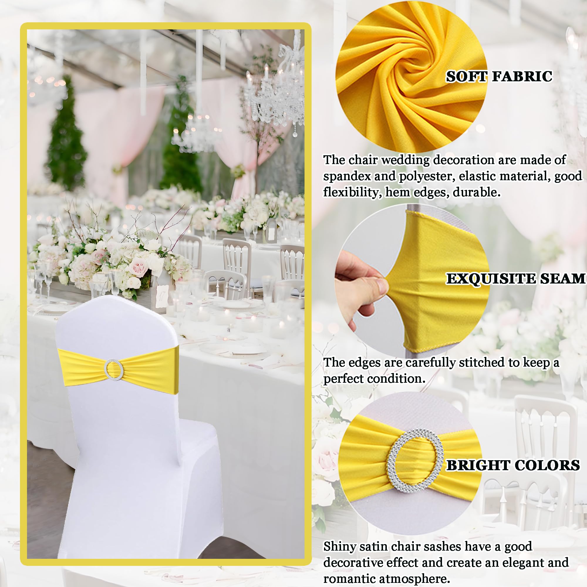 50 Bandas Elásticas para Sillas con Hebilla, Lazos Elásticos para Silla para Decoración de Sillas, Bodas, Banquetes, Recepciones, Fiestas De Cumpleaños (Amarillo)