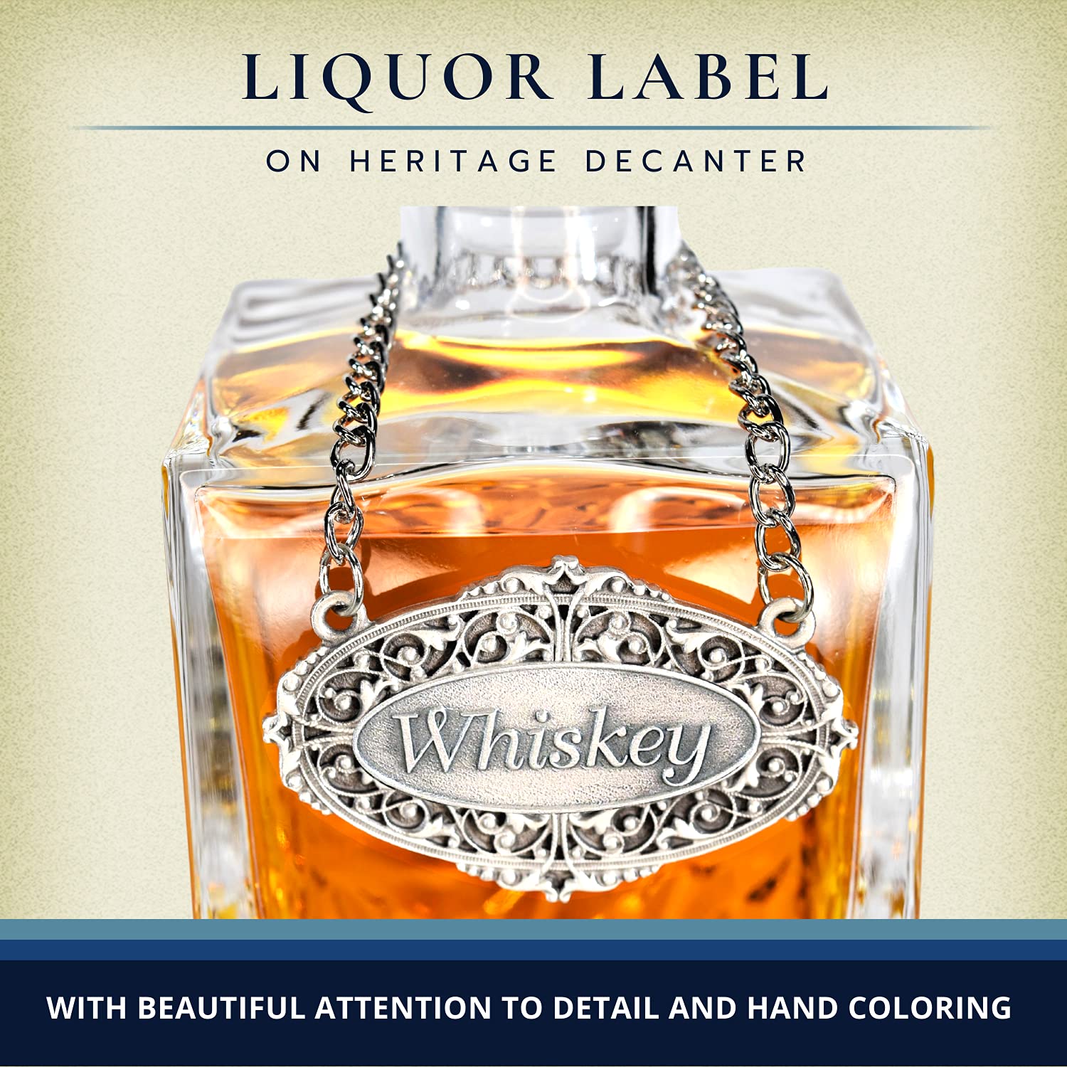 Heritage Pewter Whiskey Liquor Decanter Label – Whiskey Liquor Tag with Adjustable Chain | Perfect for Housewarming Gift, Parties, Holidays, & Anniversaries | Expertly Crafted Fine Pewter