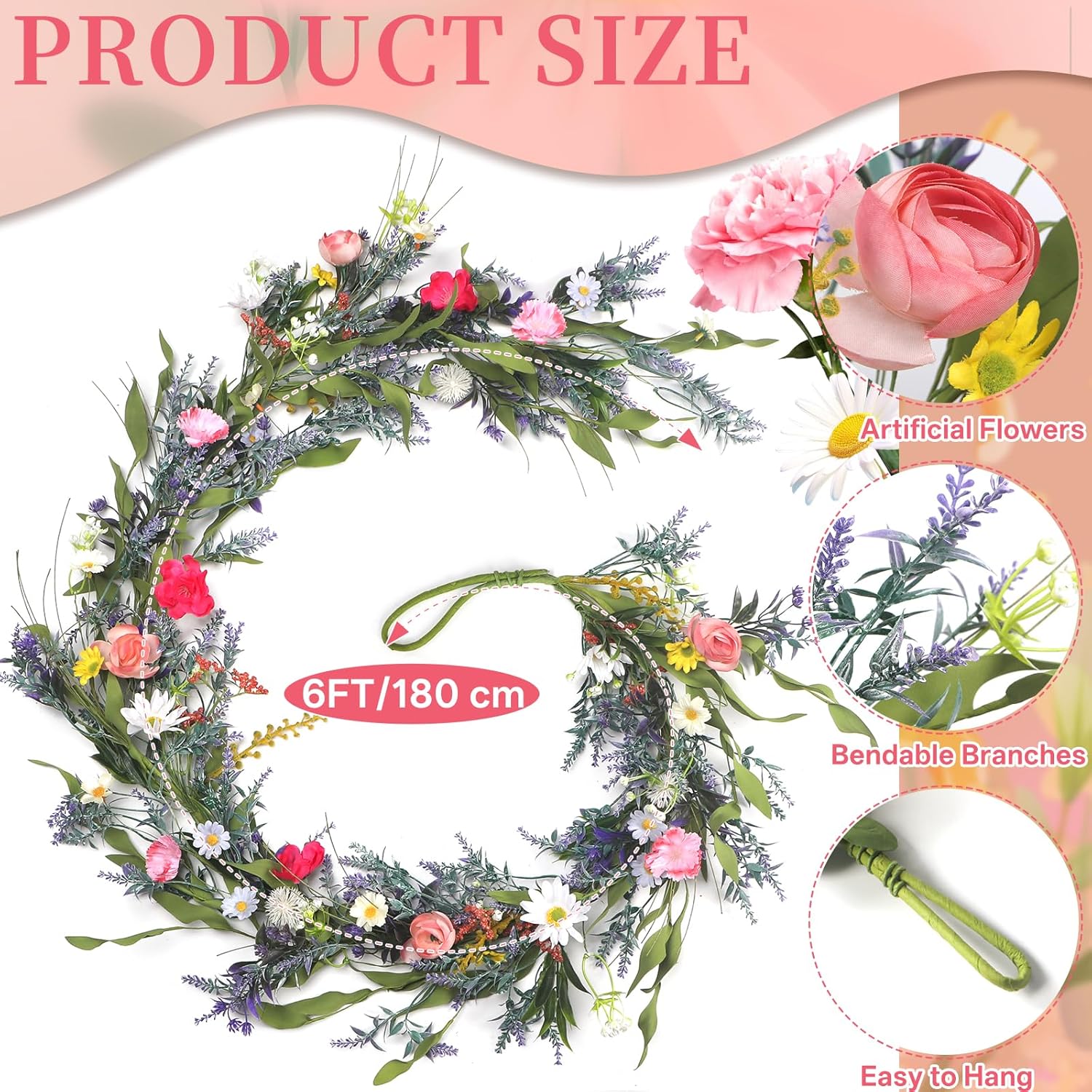 Wild Flowers Garland for Mantle, 6Ft Artificial Spring Garland for Table Centerpiece All Year Round Home Decor,Gorgeous Summer Garland for Indoor Outdoor Farmhouse Wedding Staircase Floral Decor.