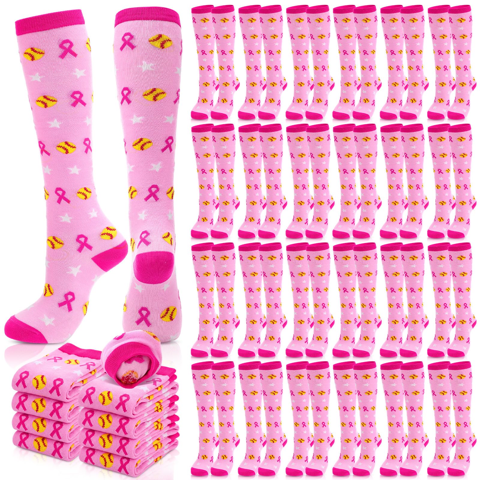 Geyoga 2/4/6/12/24/48 Pairs Pink Breast Cancer Awareness Socks Bulk Women