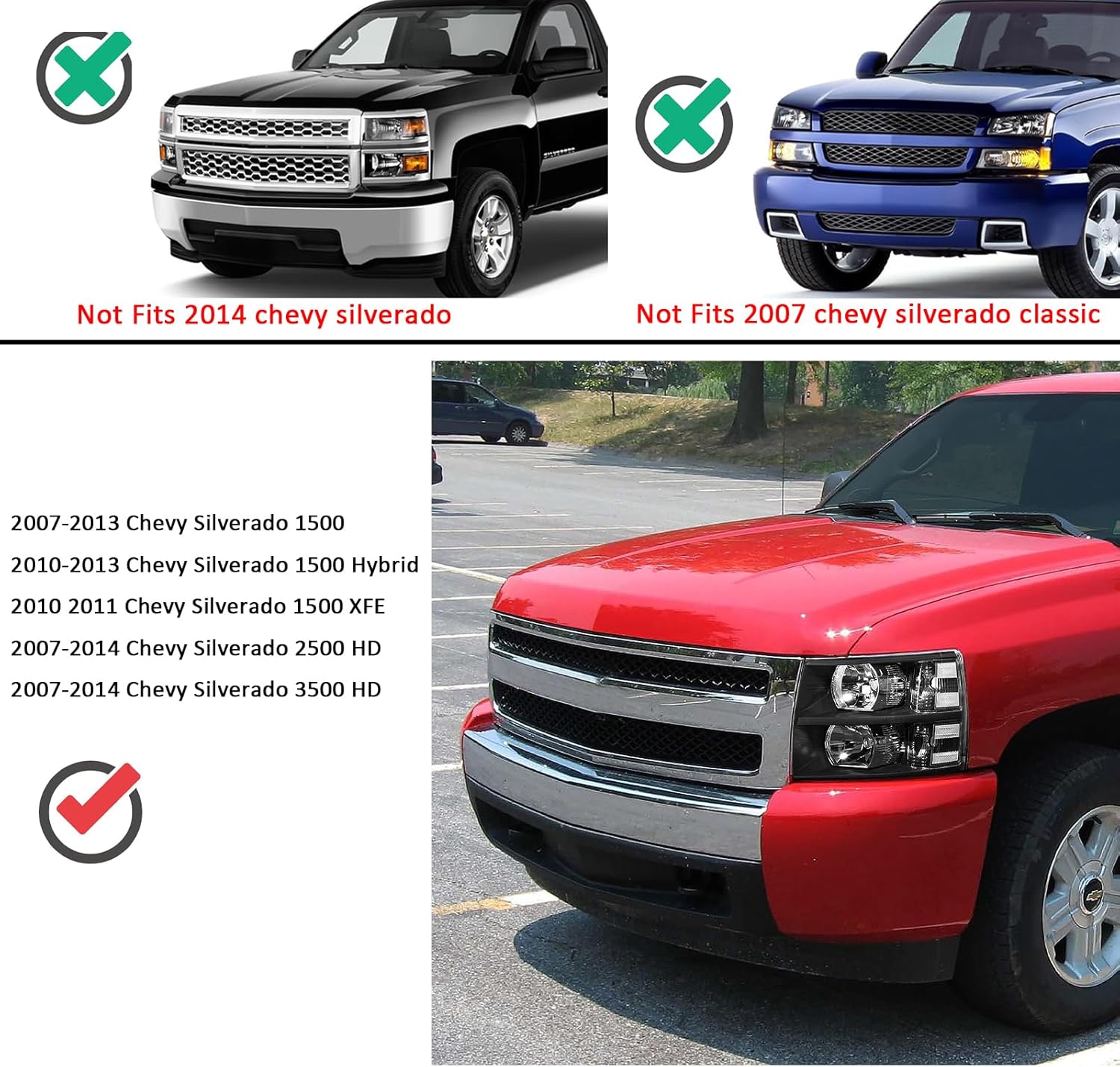 A&P Headlight Assembly Kit-Compatible with 2007-2014 Silverado 1500 2500 3500-Black Housing Clear Reflector Driver and Passenger Side