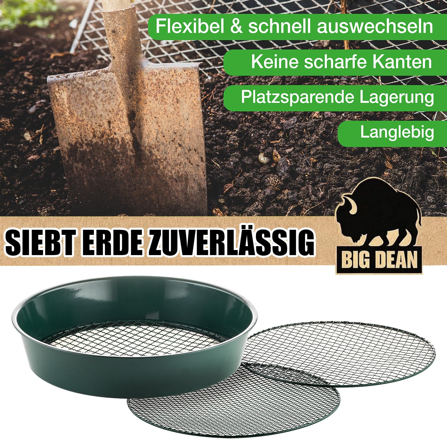 Tamis de jardin en métal avec 3 mailles 6,4 mm/9,5 mm/12,7 mm, tamis à sable rond, diamètre 37 cm, hauteur 8 cm, tamis de jardin, tamis à pierre, tamis à compost, lot de 1