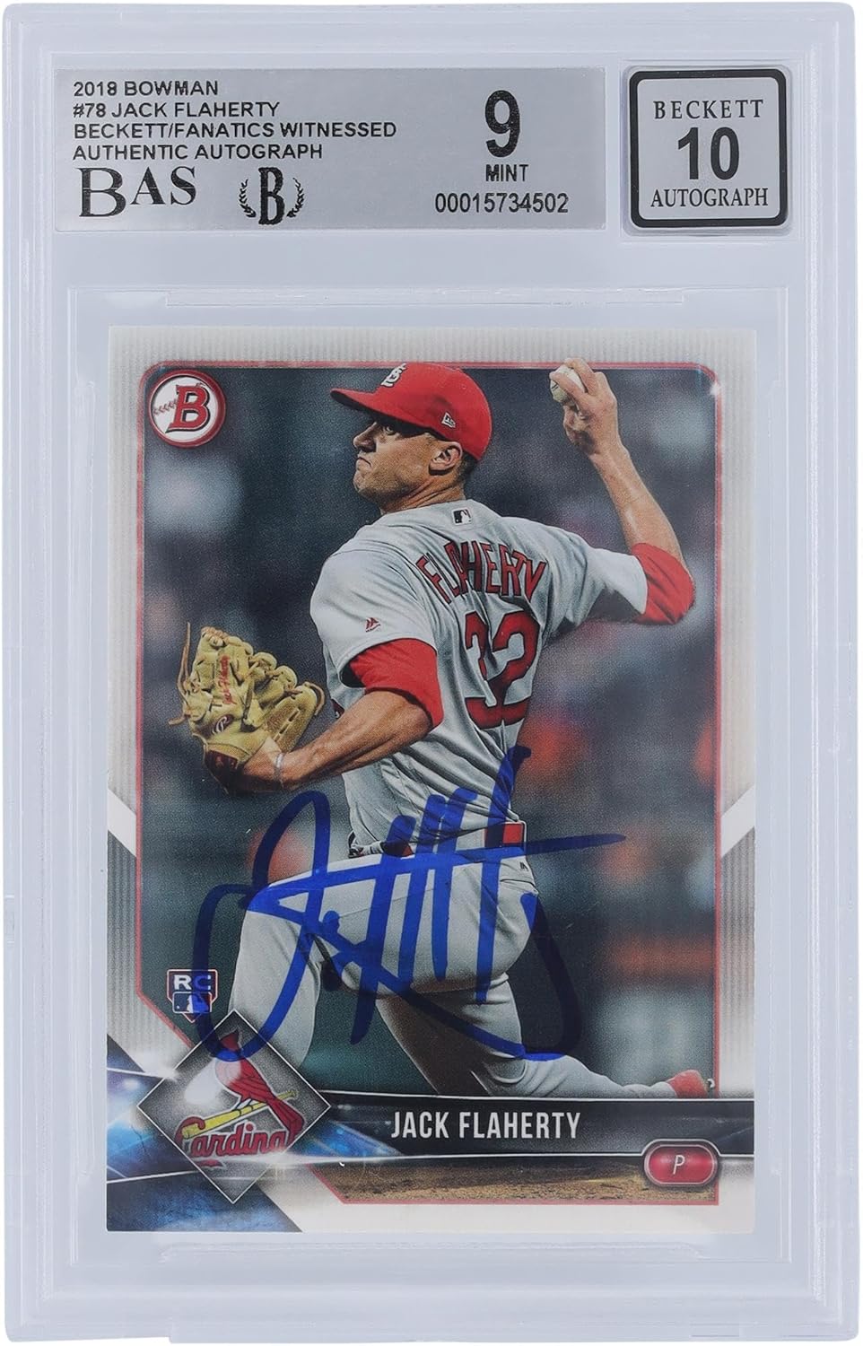 Jack Flaherty St. Louis Cardinals Autographed 2018 Bowman Series 1#78 Beckett Fanatics Witnessed Authenticated 9/10 Rookie Card - Baseball Slabbed Rookie Cards