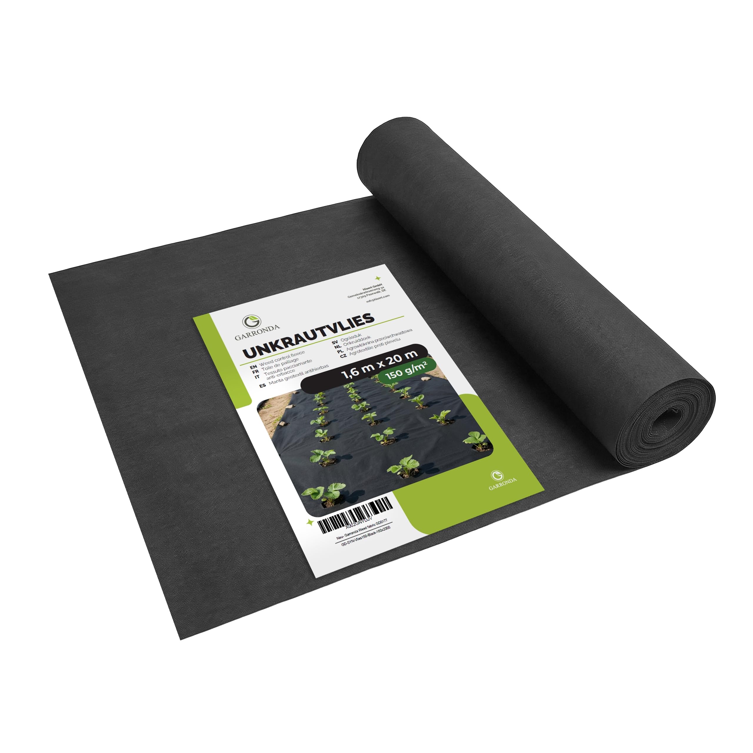 Garronda Malla Antihierbas Geotextil 150 g/m² 1,6x20 m 32 m² GD-0177 | Lona antihierba grande, tela geotextil extra fuerte resistente al desgarro y UV para huerto y jardín bajo grava o corteza
