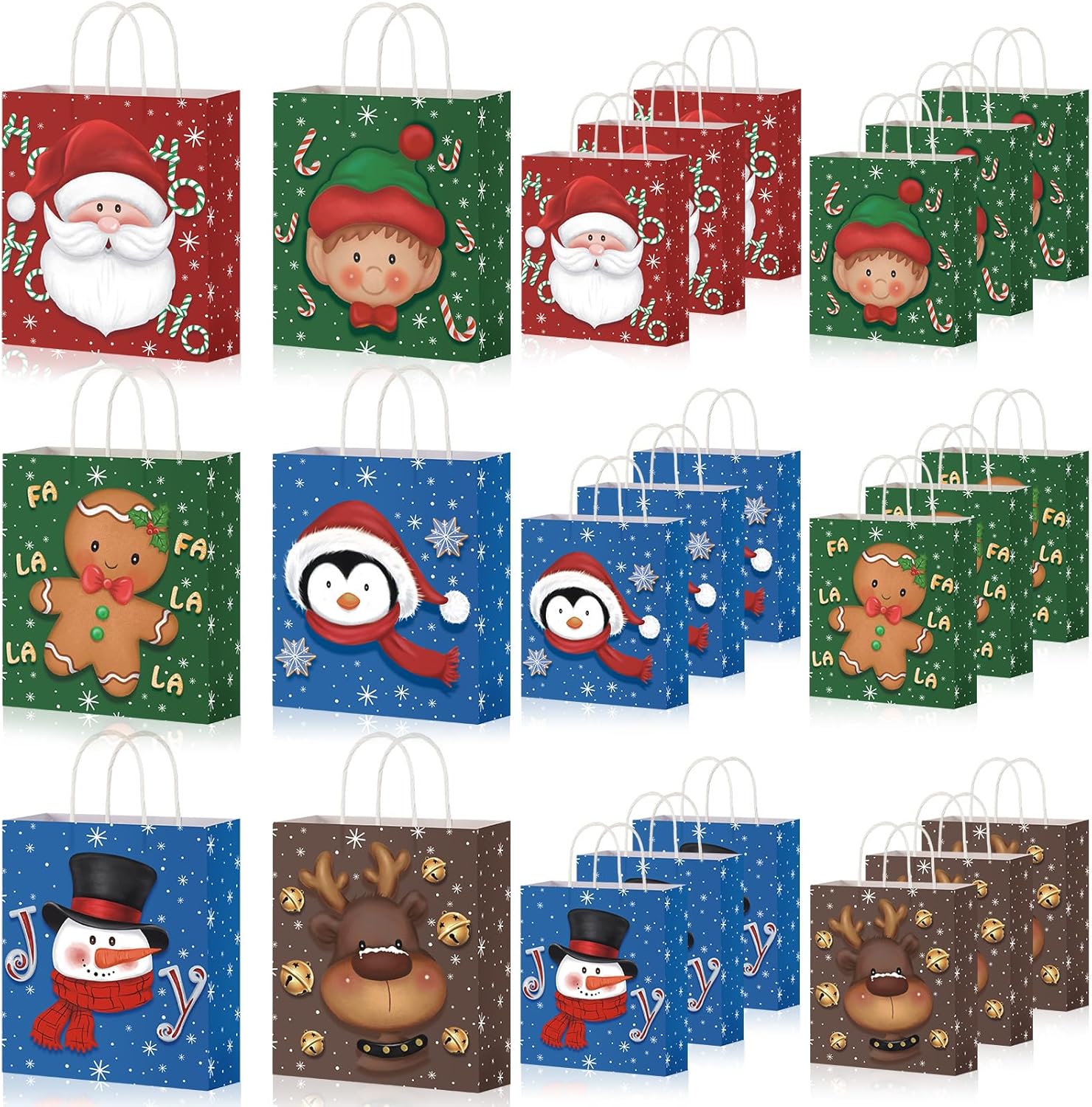 Cholemy 36 Pcs Christmas Gift Bags with Handle Xmas Kraft Paper Packaging Bulk Large Christmas Totes Bags for Candy Wrapping Holiday Party Favors