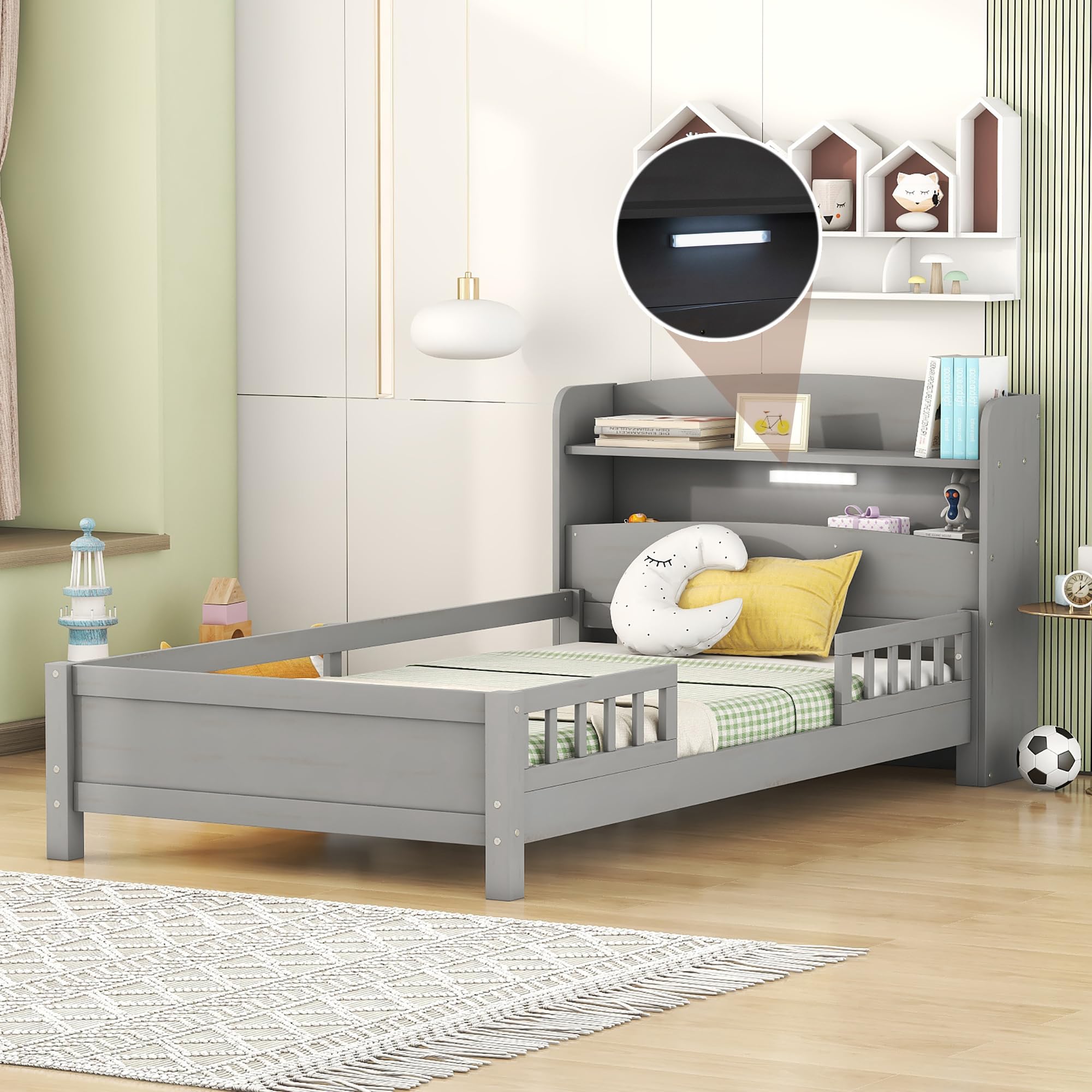 SOFTSEA Twin Size Bed Frame for Kids, Platform Bed with Storage Headboard and LED Light, Wood Platform Bed Frame with Fence Guardrails, Kids Twin Bed