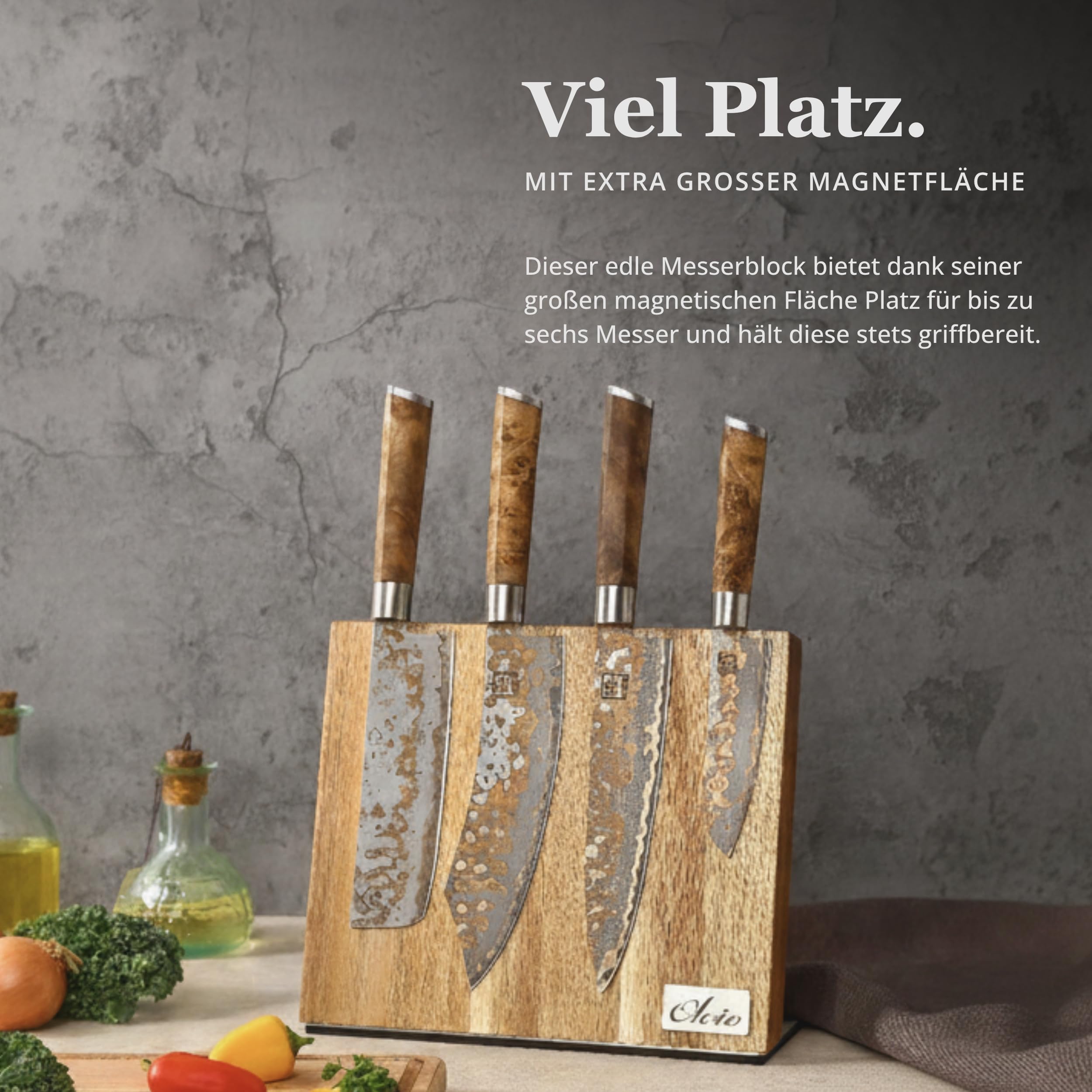 Oleio Magnetischer Messerblock - Küchen Organizer aus Akazienholz mit Magnetleiste für bis zu 6 Messer - Edelstahlsockel & rutschfester Unterlage - 3,8 cm stark Messerblock ohne Messer - Messerständer