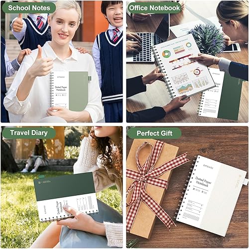 Miniatura 49 de EMSHOI Cuaderno de puntos en espiral A4, 150 hojas (300 páginas), diario de cuadrícula de puntos de 3.53 oz/m², tapa blanda impermeable, diario