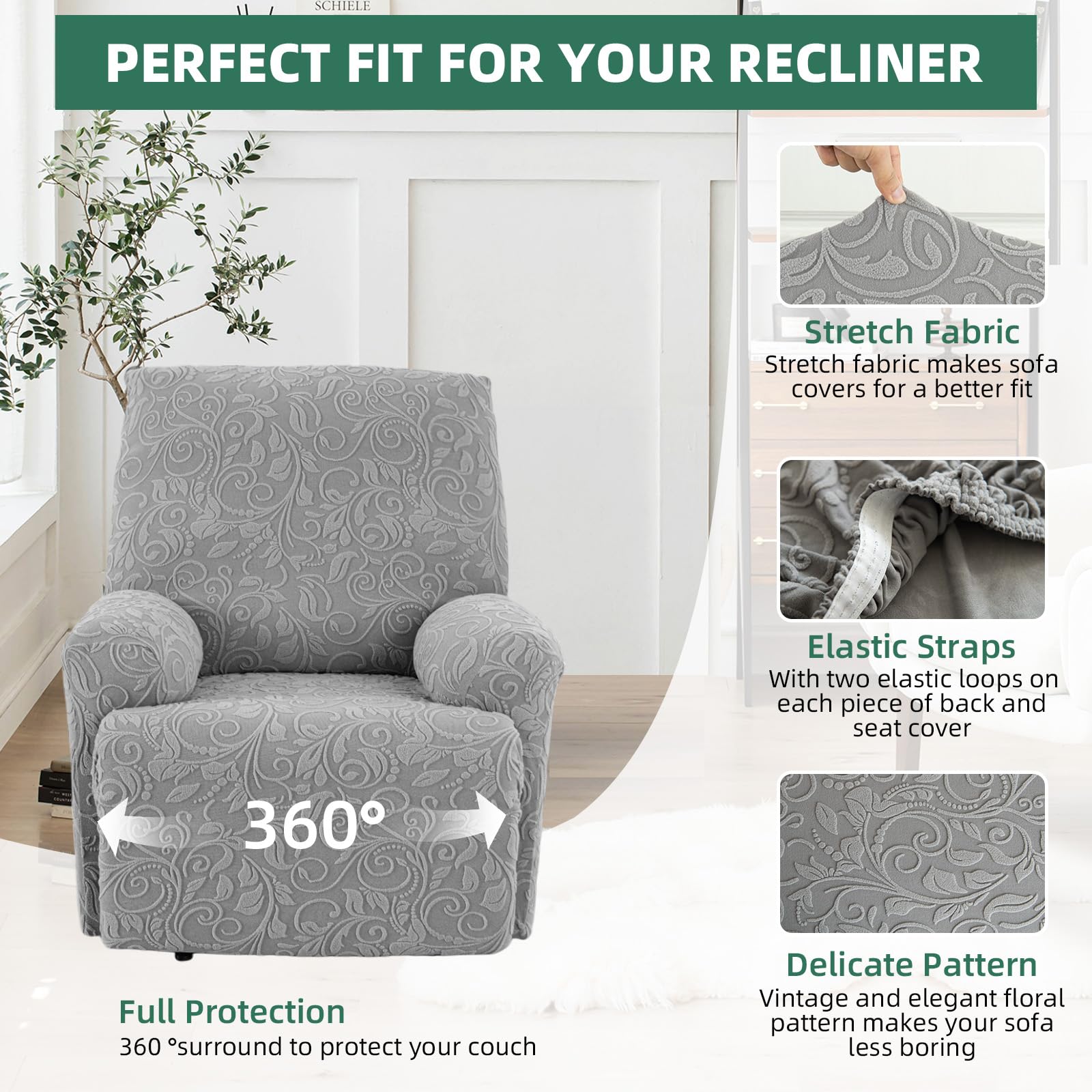 Lapalife Recliner Chair Covers,4-Pieces Chair Covers for Recliners with Side Pockets,Stretch Jacquard Chair Slipcover Furniture Protector for Pets and Kids?Recliner,Grey?