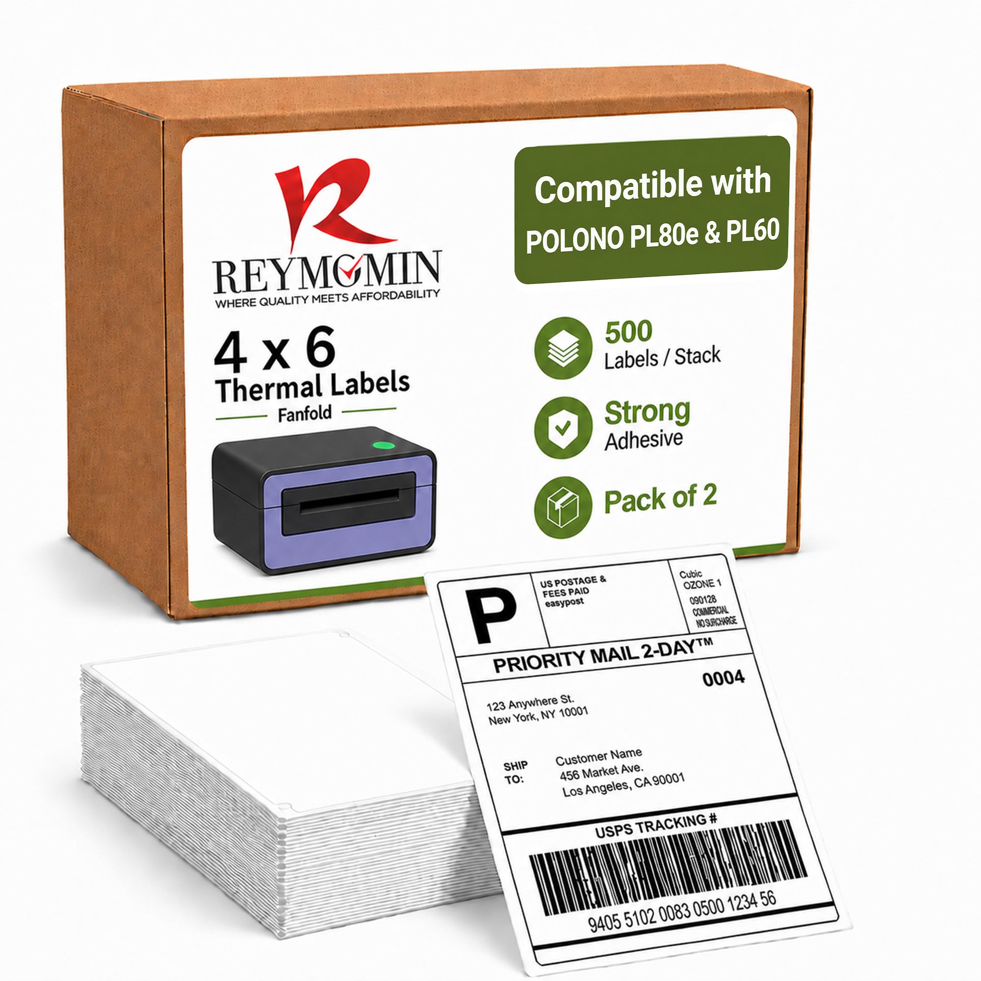 Etichette termiche per spedizioni, 10,2 x 15,2 cm, 500 etichette per pila, compatibili direttamente con stampante per etichette Polono PL80E e altri modelli Polono (2 pile)