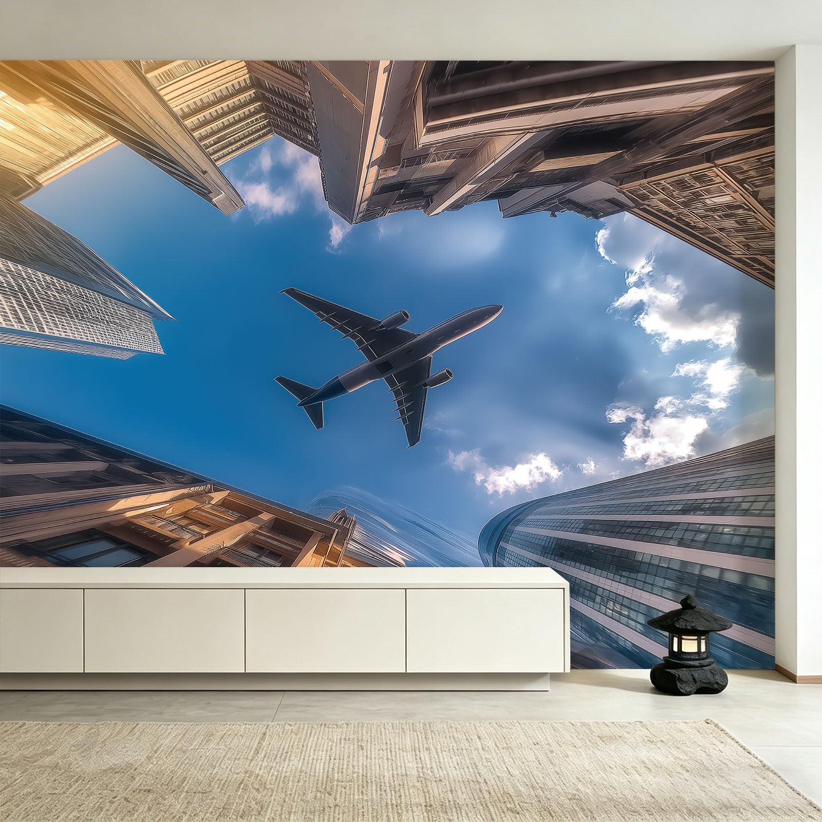 Nowoczesna dynamiczna fototapeta, samolot, miasto, panorama, tapeta z włókniny, 200 x 140 cm, tapeta 3D, dekoracja ścienna, tapeta do salonu, kuchni, sypialni i pokoju dziecięcego