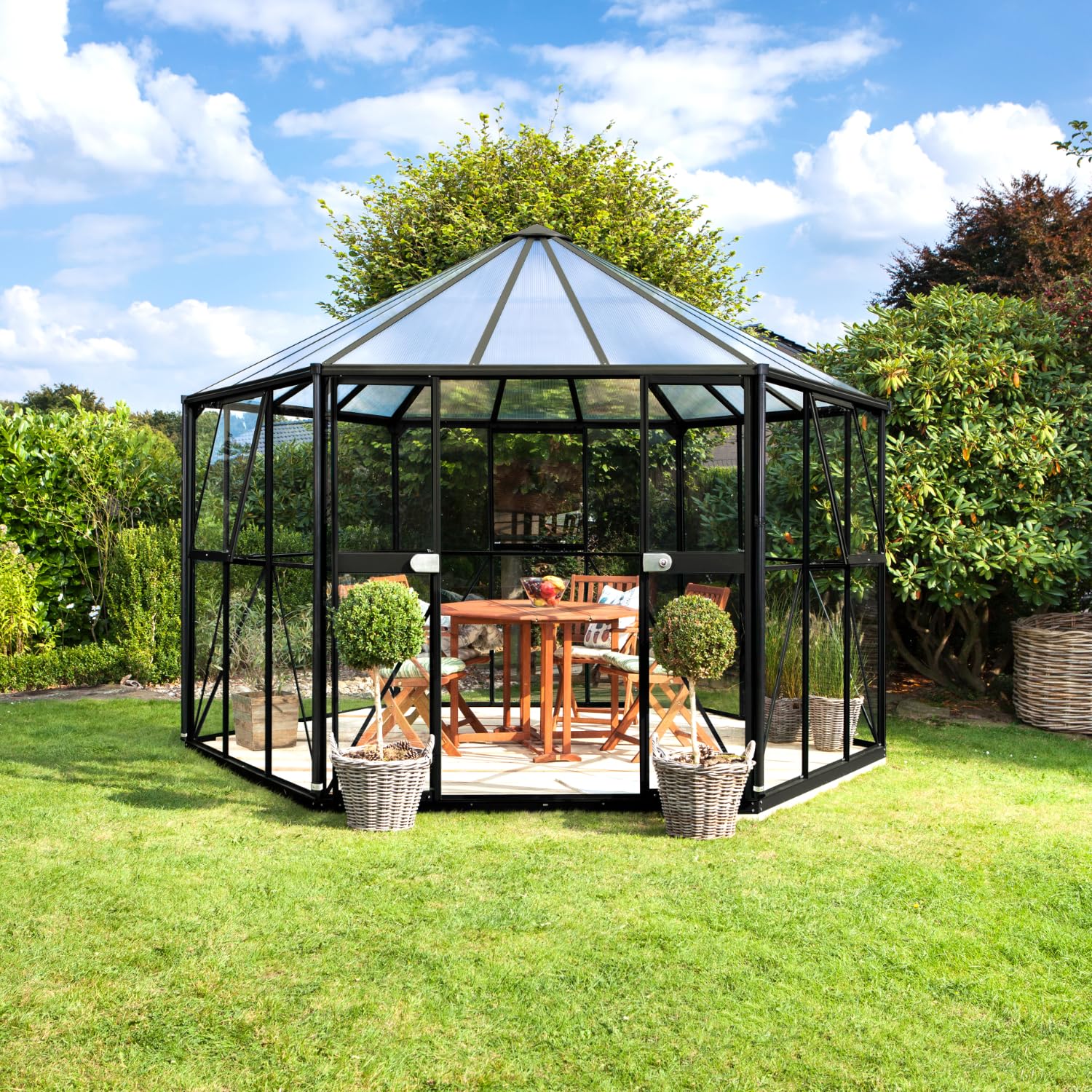 Vitavia Gewächshaus-Pavillon Hera 9000" inkl. Stahlfundament, schwarz, 9,0 m², 3 mm ESG, 6 mm HKP | Wetterfestes & stabiles Treibhaus | Perfekt für Gemüse & Pflanzen | Robust & langlebig