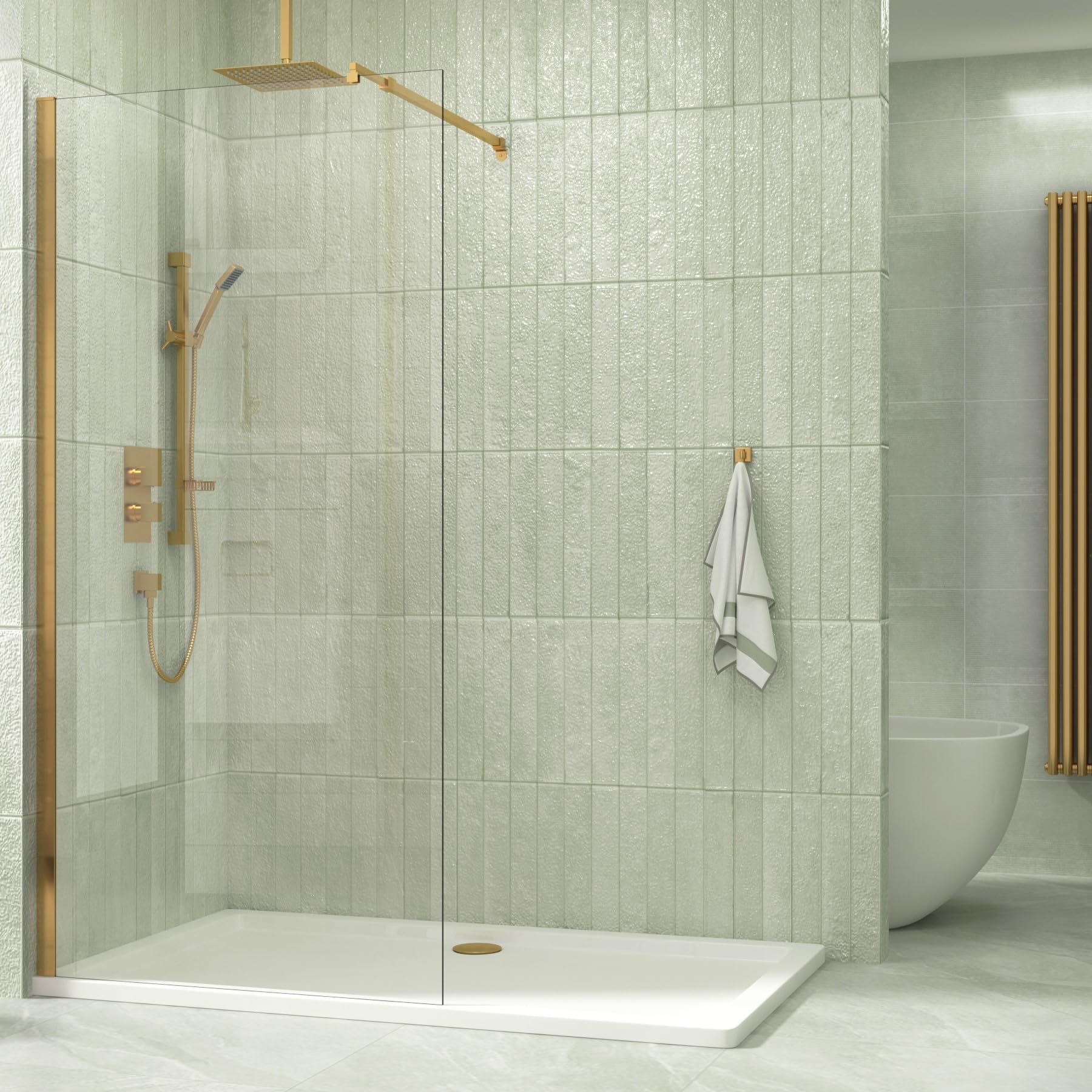 Brushed Brass 900mm Wet Room Walk in Shower Screen with 8mm Clear Easy Clean Safety Tempered Glass Panel & Stainless Steel Support Bars Shower Enclosure Cubicle 1850mm Height